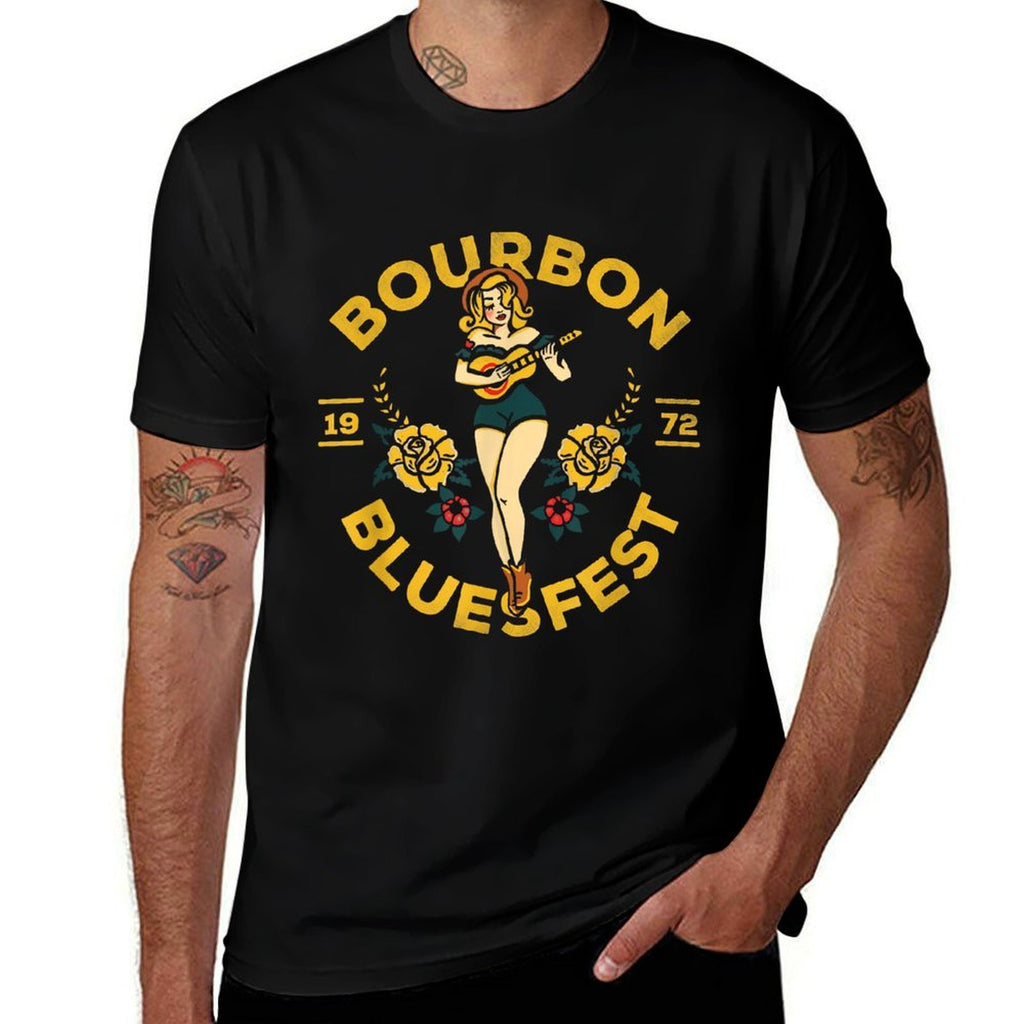Bourbon Bluesfest 1972 Vintage Pinup Girl Playing Guitar  Wrinkle-resistant T-Shirt