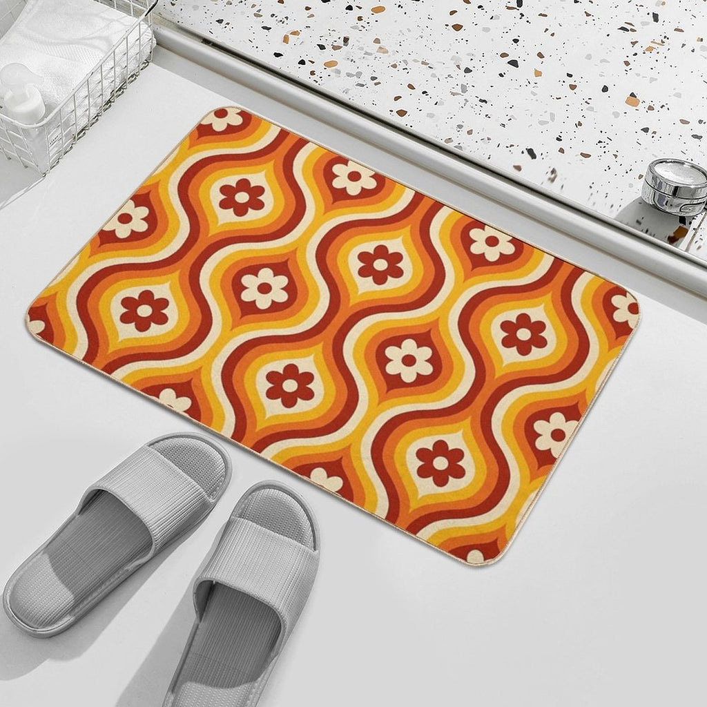 70s Groovy Daisy Ovals Pattern  Fade-Resistant Bath Mat