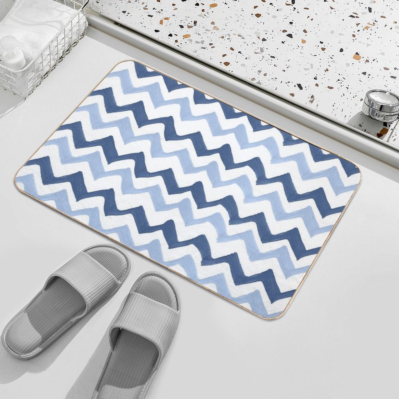 Wavy Brush Stroke Pattern Indigo & Pale Blue Durable Bath Mat