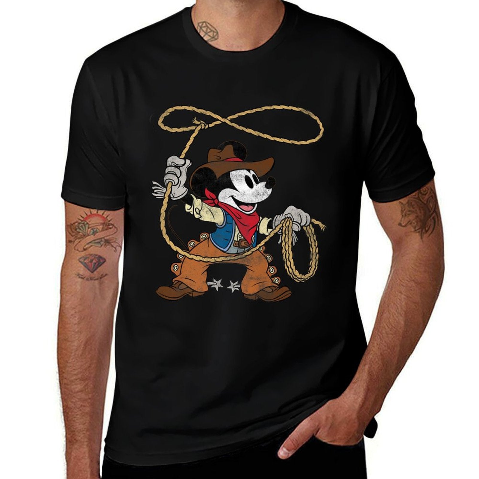Disney Mickey Mouse Cowboy Costume Western Vintage Look Premium  Stretchy T-Shirt