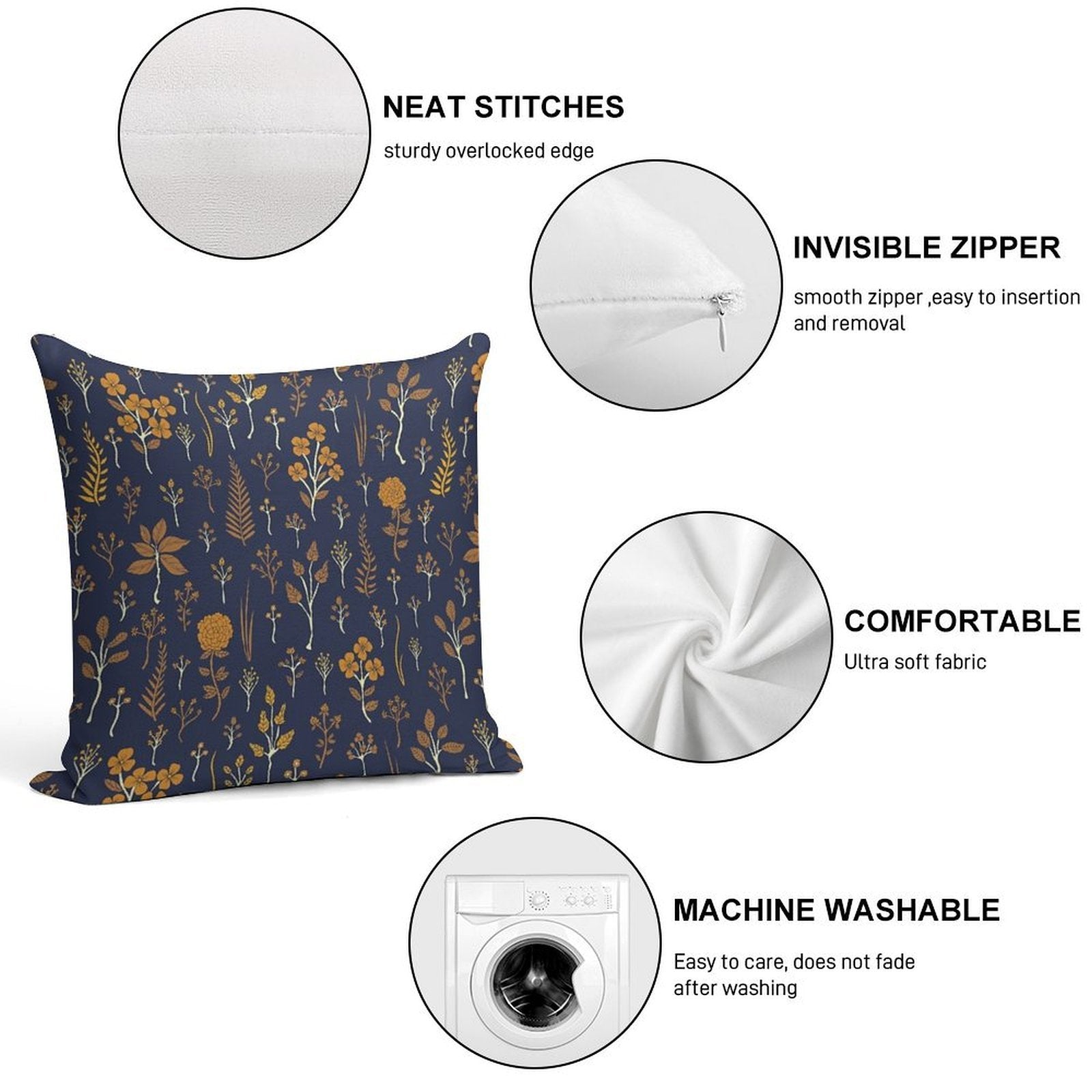 Navy Blue & Mustard Yellow Floral Pattern Soft Anti-Pilling Throw Pillow