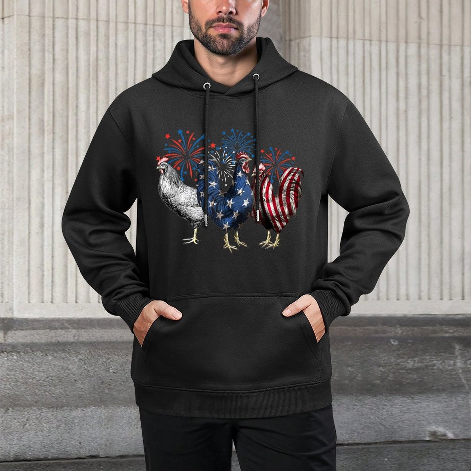 Patriotic Firework Red White Blue Chicken USA July 4th Adjustable Hood Hoodie