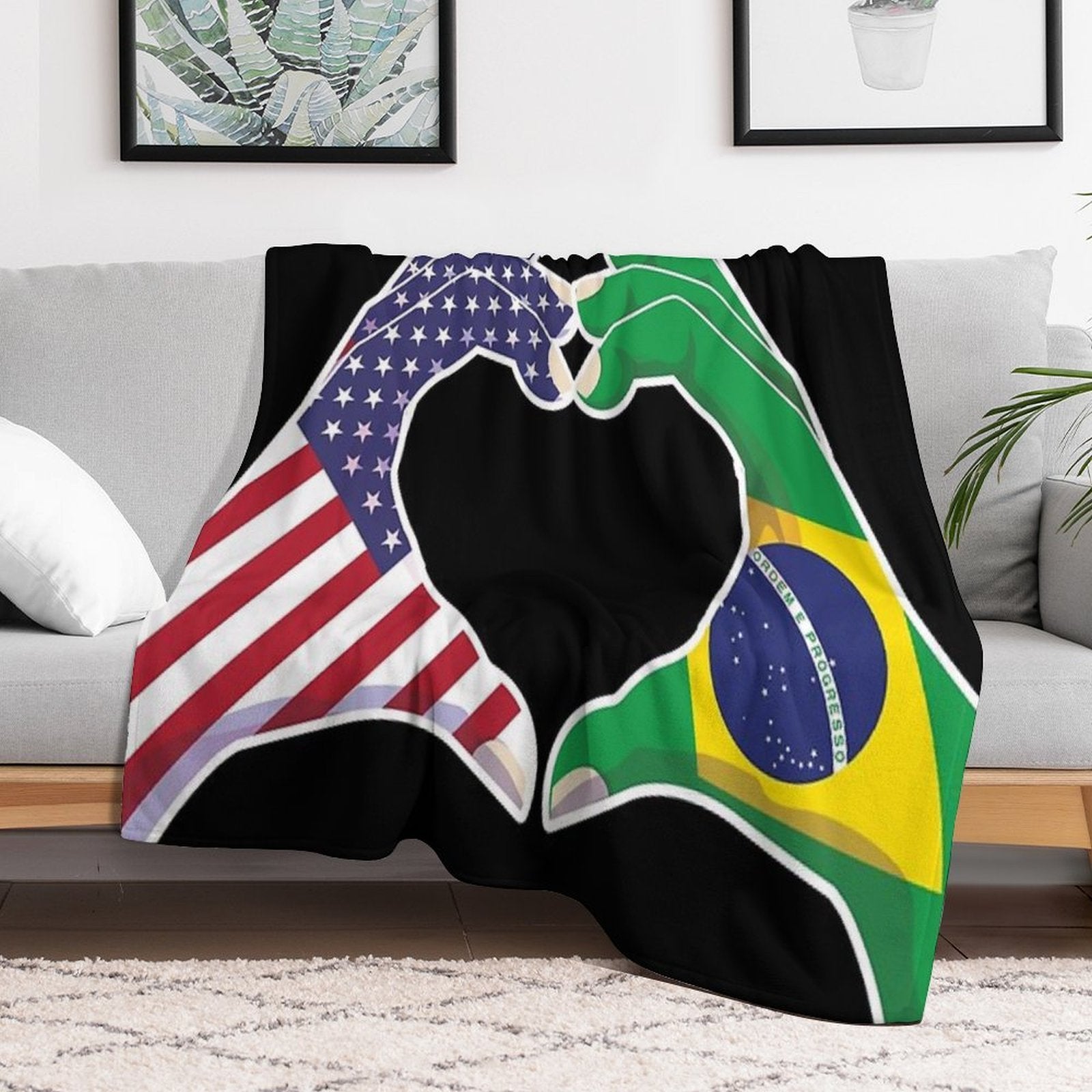 Brazilian Brazil USA United States American America Love Heart Peace Plush Throw Blanket