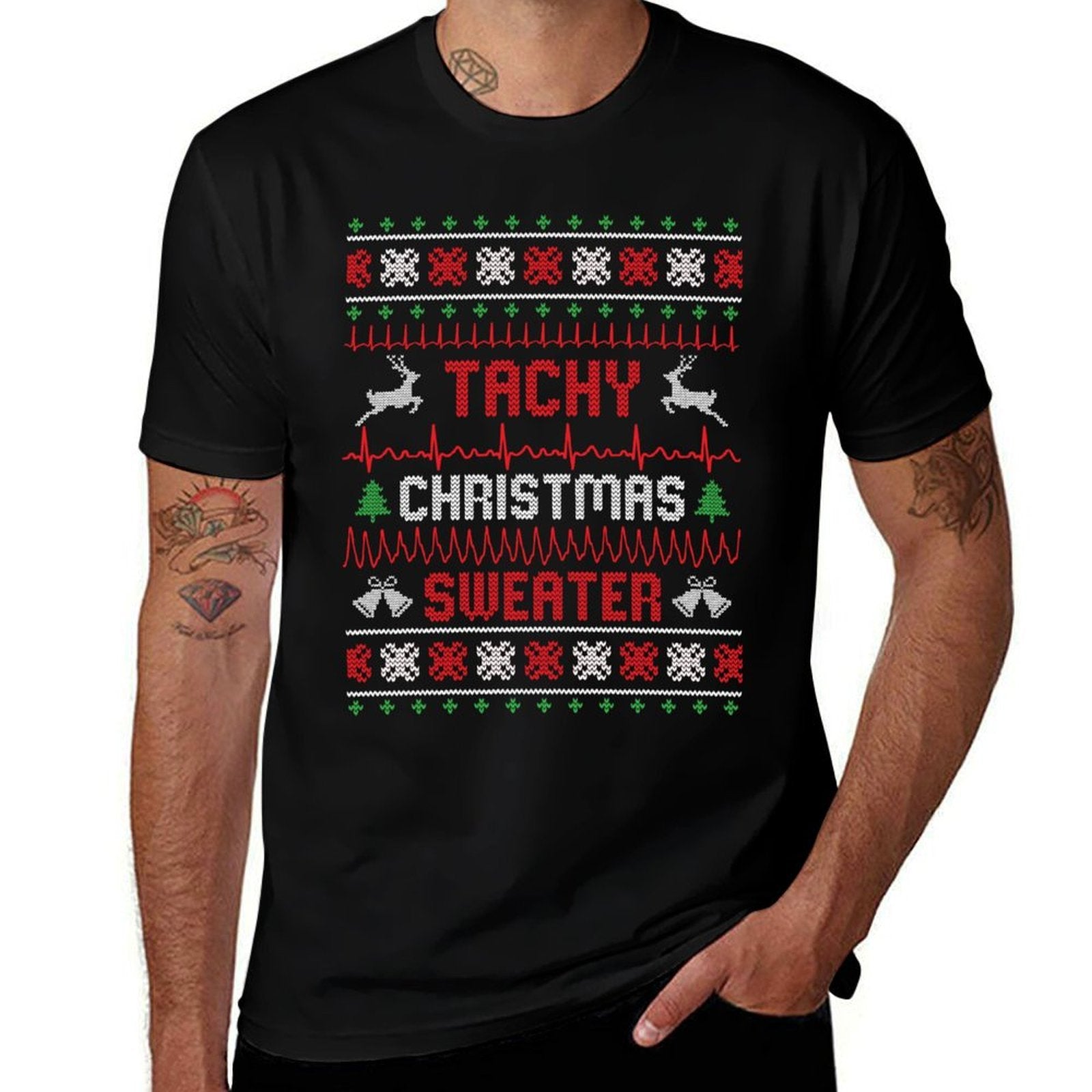Tachy Christmas Sweater Nurse Tele Tech EKG Ugly Christmas  Graphic-printed T-Shirt