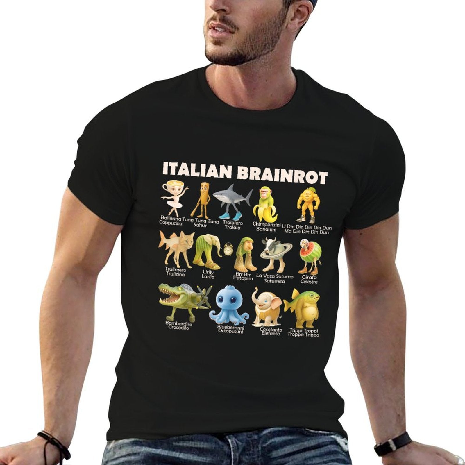 Types of Italian Brainrot Meme Character for Kids  Rolled Sleeves T-Shirt