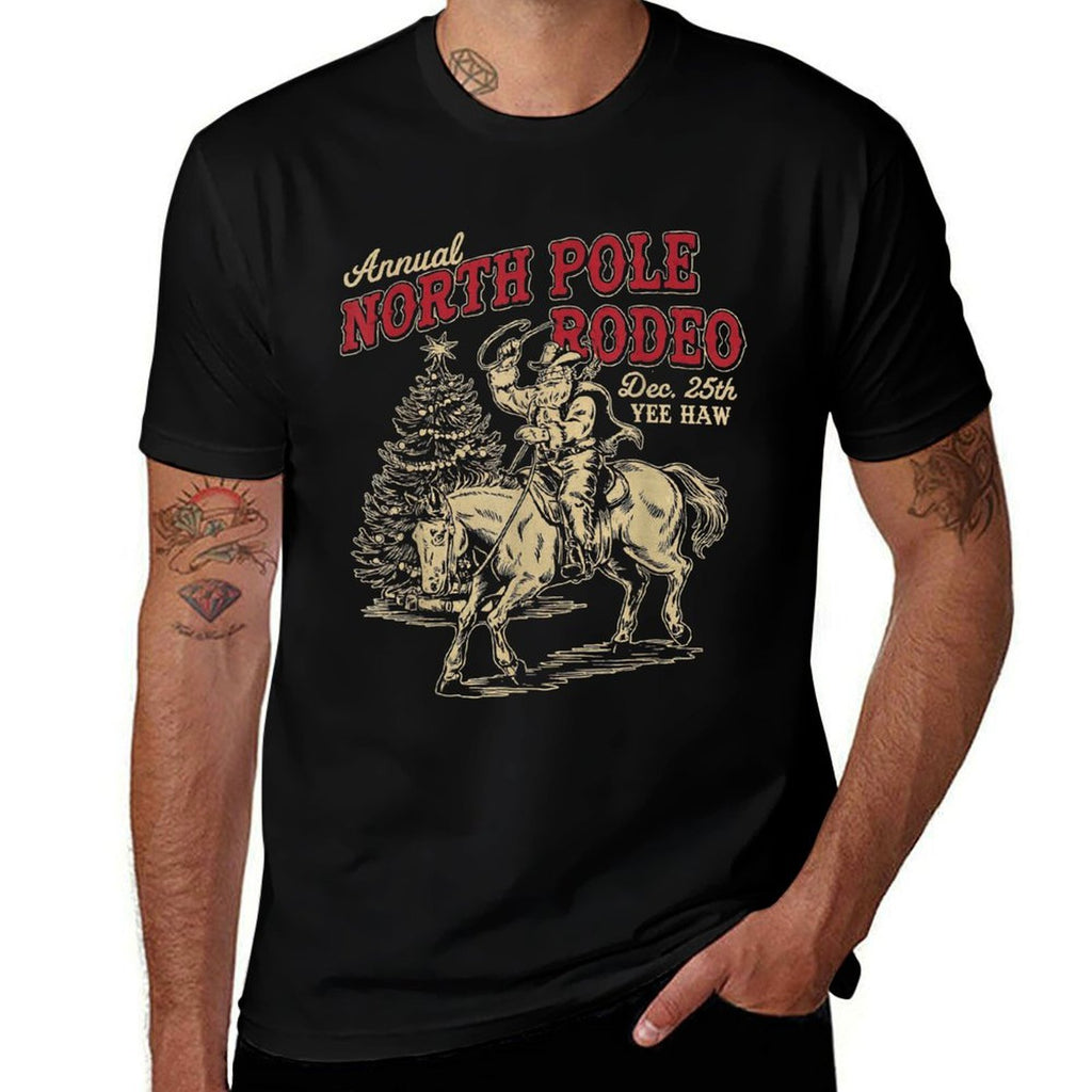Vintage Annual North Pole Rodeo Santa Cowboy Christmas  Ribbed Collar T-Shirt