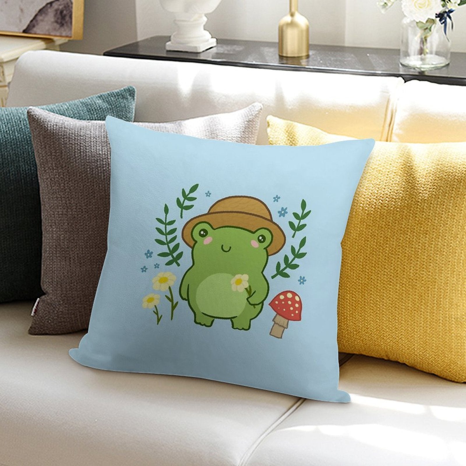 Kawaii Aesthetic Green Frog with Gardener Hat Funny Cottagecore Froggy, Nature Illustration with Mushroom Flower Blossoms Soft Luxury Feel Throw Pillow