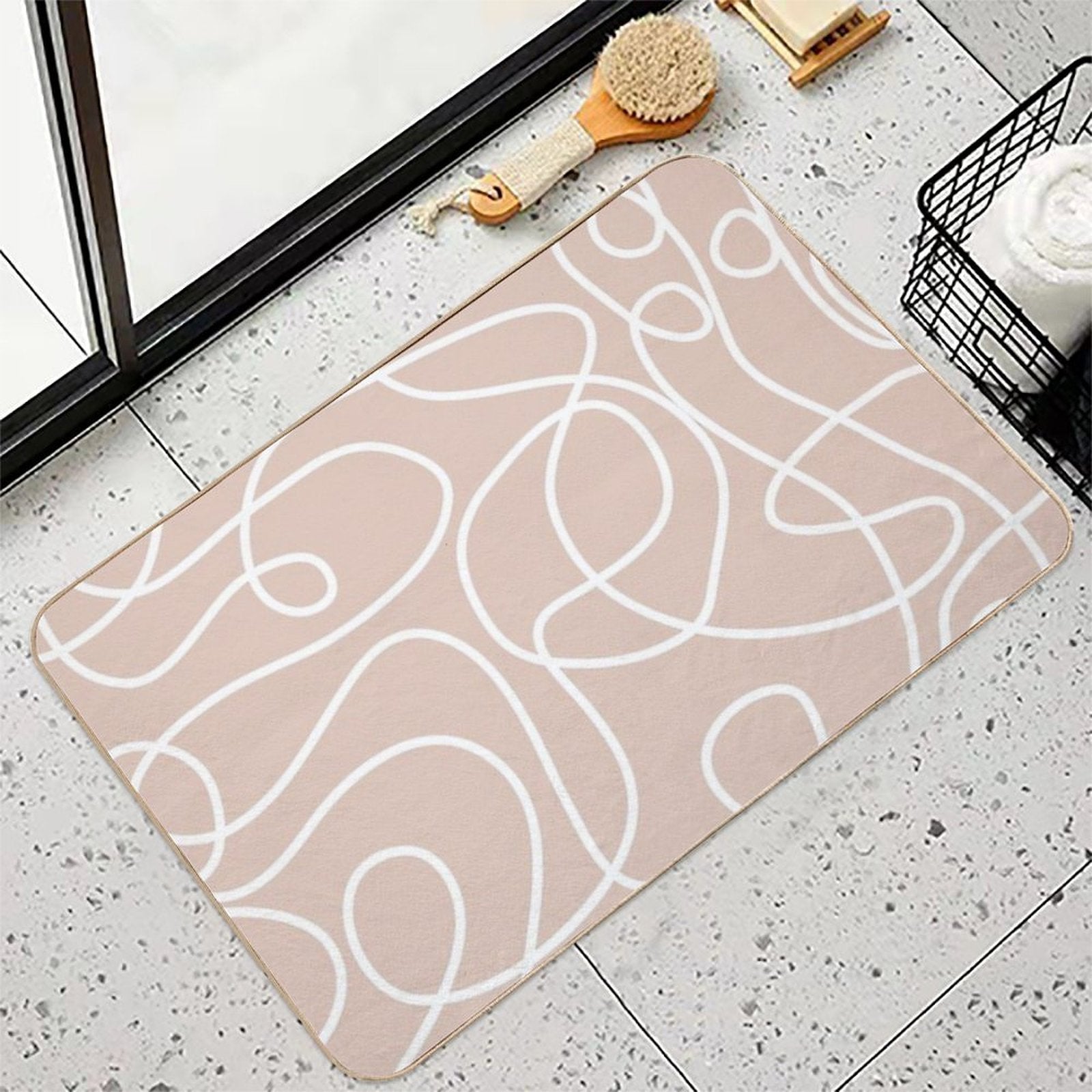 Doodle Line Art Pattern  White on Soft Terracotta  Eco-Friendly Bath Mat