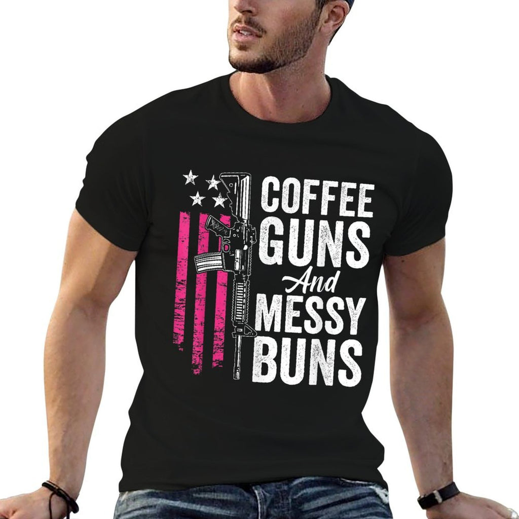 Coffee Guns And Messy Buns - Pink AR15 USA Funny Womens Gun  Ribbed Collar T-Shirt