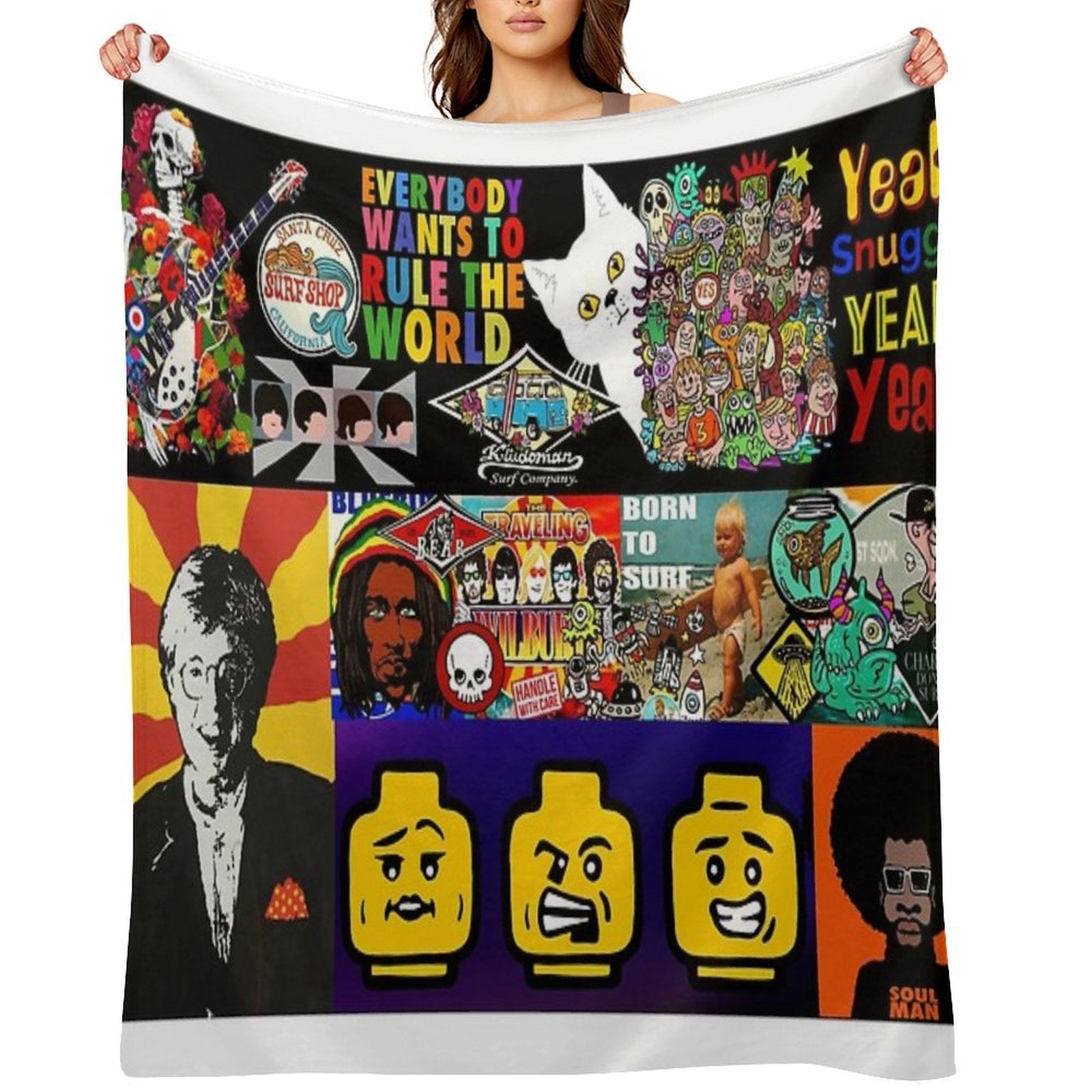 Surf, Rock, Guitar, Skull, Monsters, Lyrics, Faces, Funny Cartoons, Cats, Colourful Pop Art Collage of Art by Kludoman Quick-dry Throw Blanket