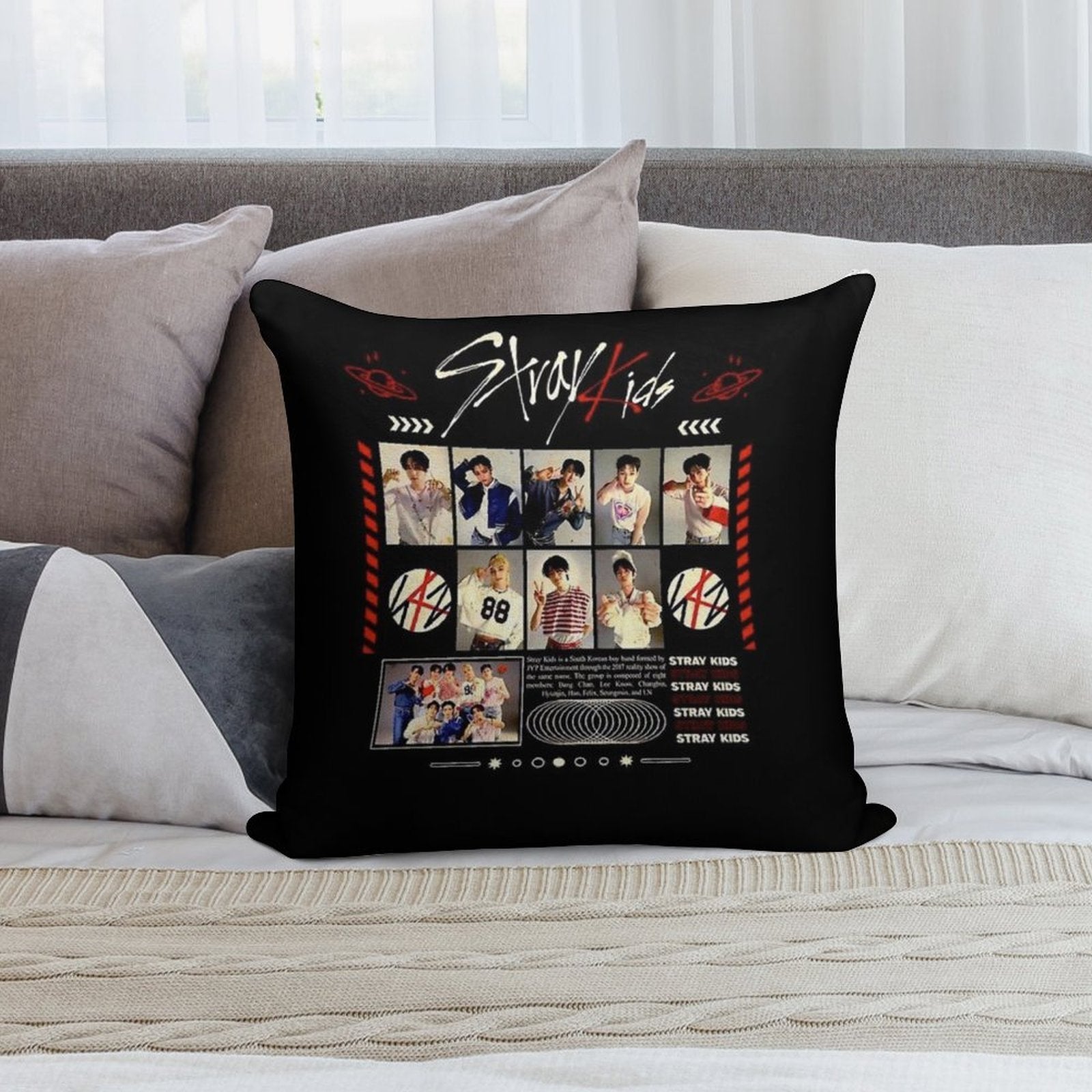 Stray Kids Concert Tour T-shirt Kpop Boy Group Bang Chan Lee Know Changbin Hyunjin Han Felix Seungmin Jeongin Soft Luxury Feel Throw Pillow
