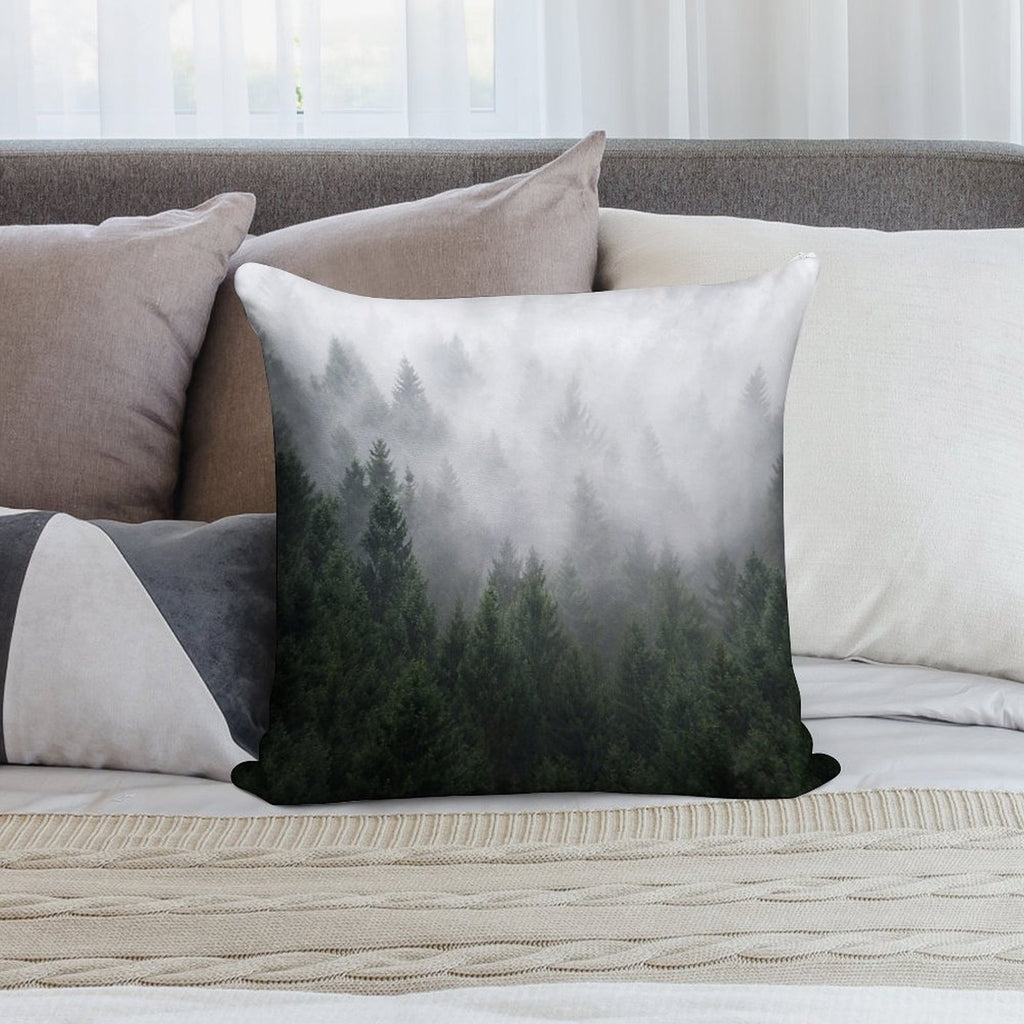 Home Is A Feeling   Misty Retro Fall Wilderness Fairytale Evergreen Forest With Trees Covered In Magic Fog Season Soft Home Decor Throw Pillow