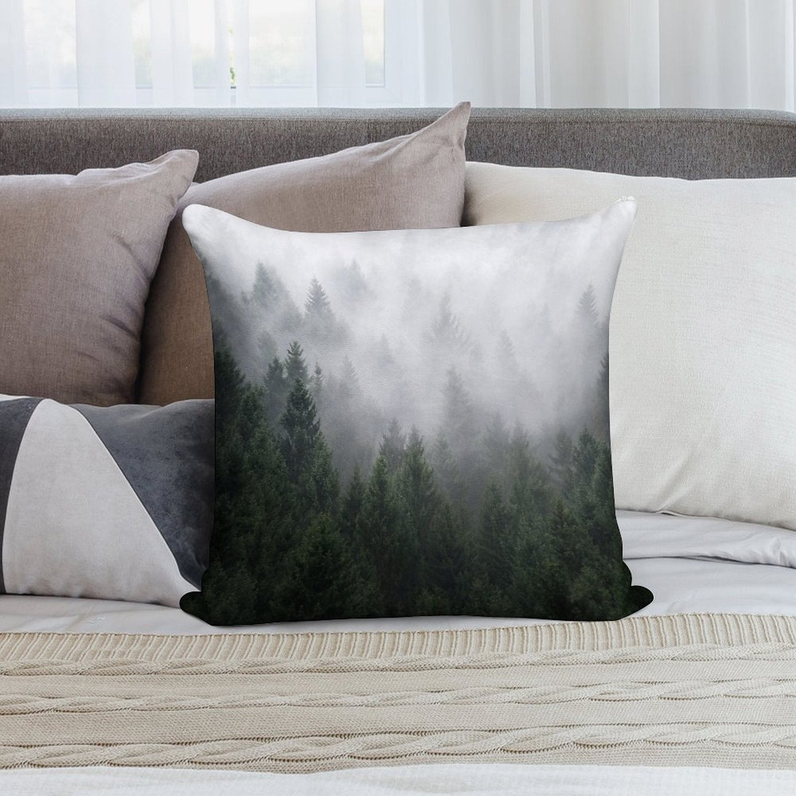 Home Is A Feeling   Misty Retro Fall Wilderness Fairytale Evergreen Forest With Trees Covered In Magic Fog Season Soft Home Decor Throw Pillow