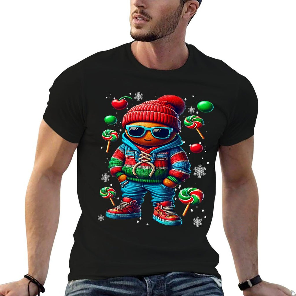 Hip Hop Gingerbread Man X-Mas Funny Christmas Mens Boys  Graphic-printed T-Shirt