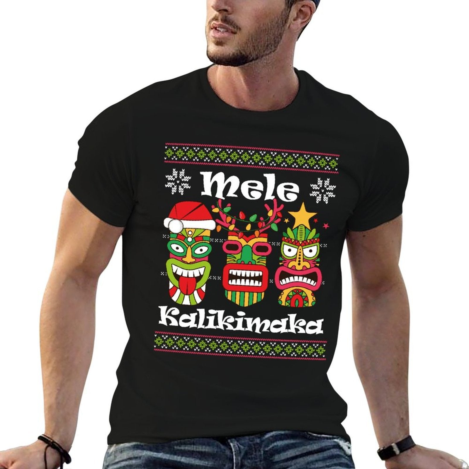 Mele Kalikimaka Christmas Hawaiian Santa Tiki Ugly Xmas Sweatshirt Comfortable T-Shirt