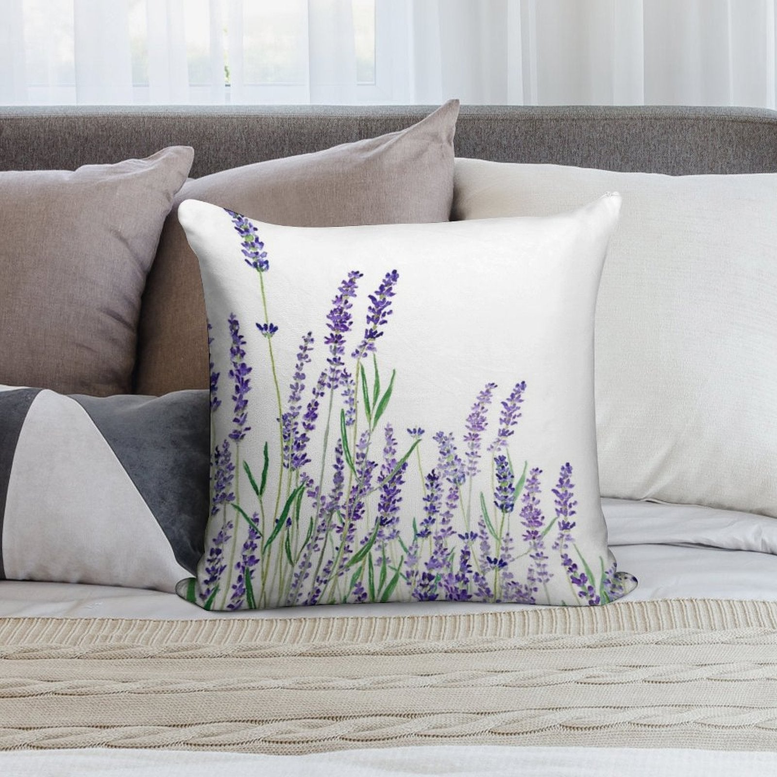 Purple Lavender Horizontal Watercolor Soft Short Plush Fabric Throw Pillow