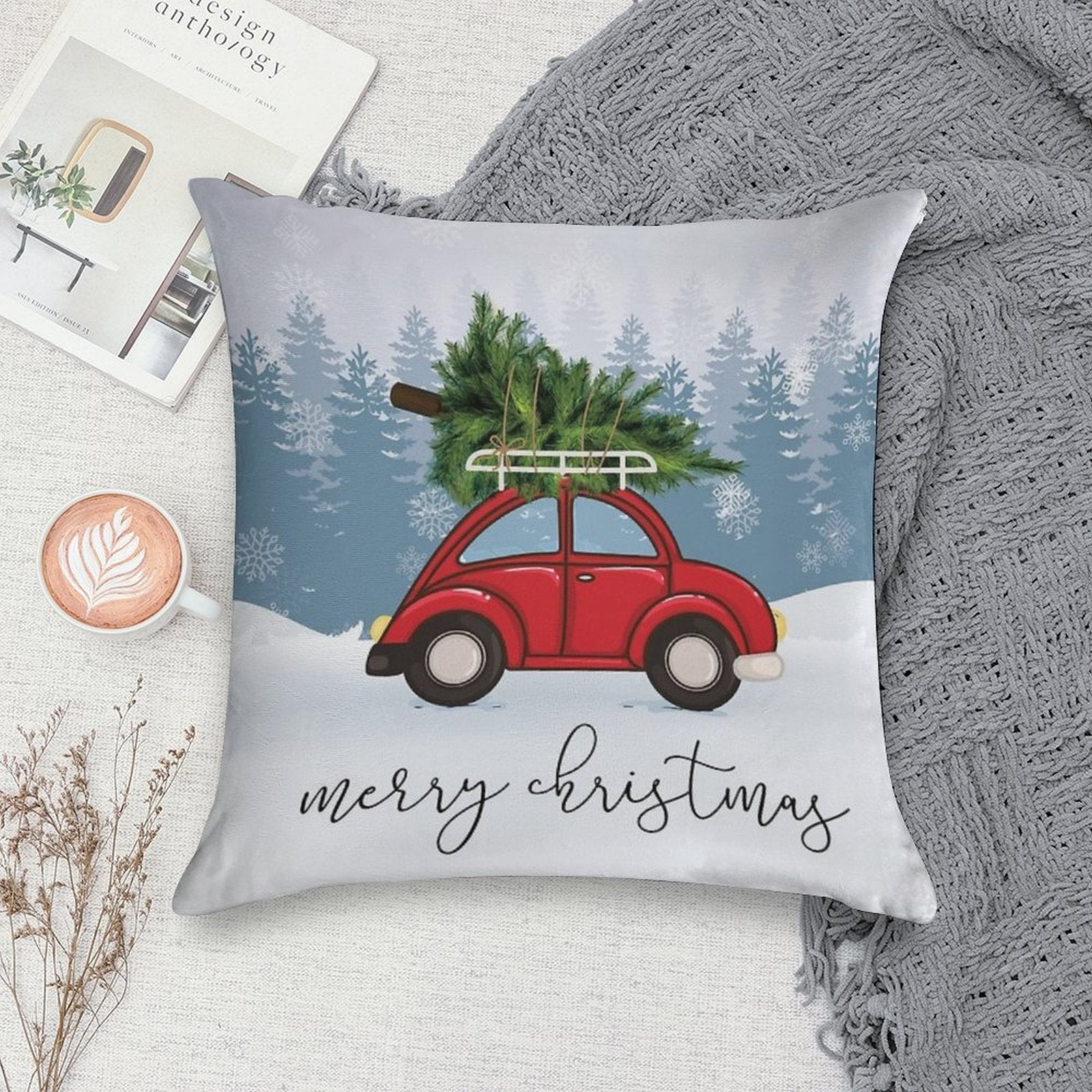 Red Car with Christmas Tree on Roof Soft Home Decor Throw Pillow