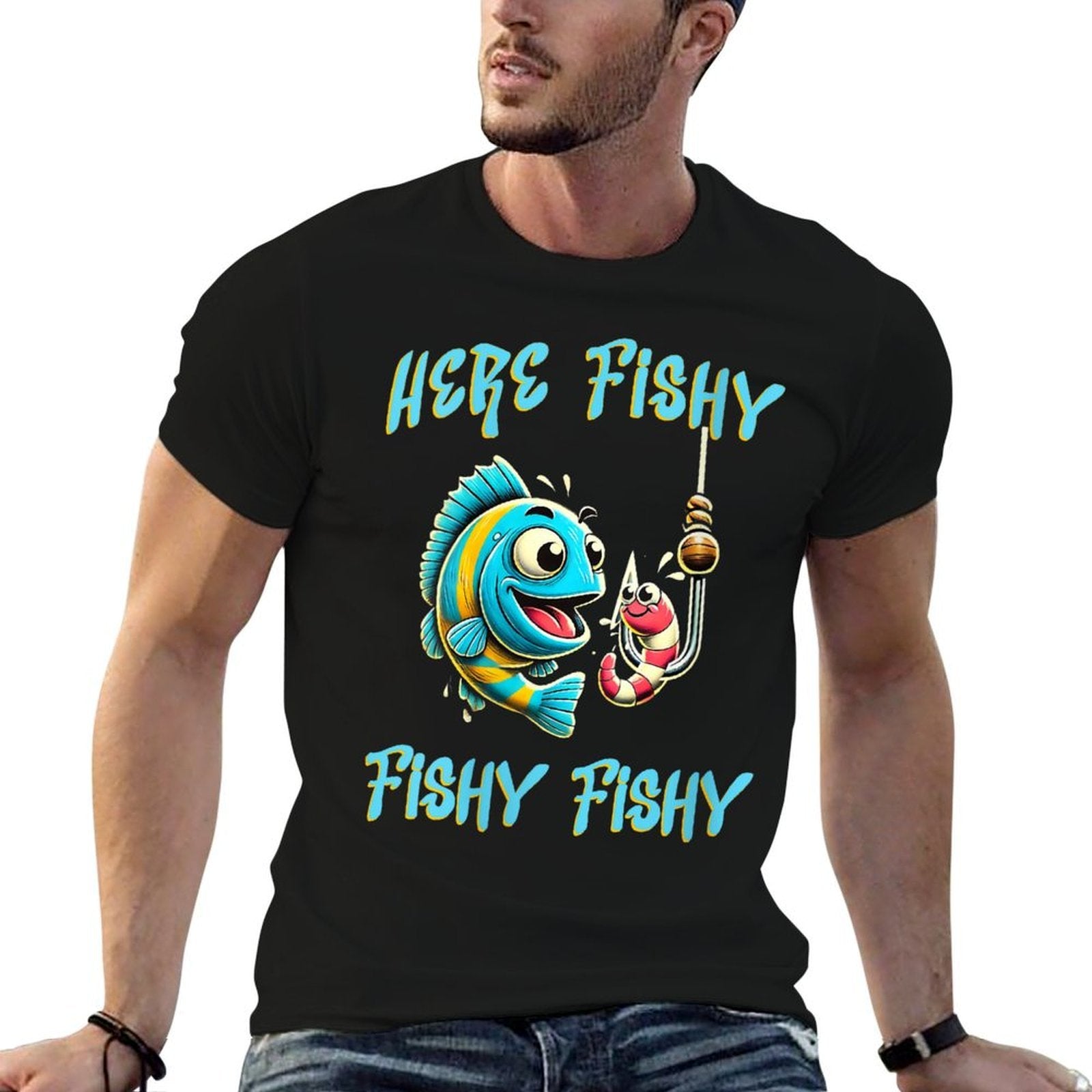 Womens Here Fishy Funny Fishing Graphic  Stretchy T-Shirt