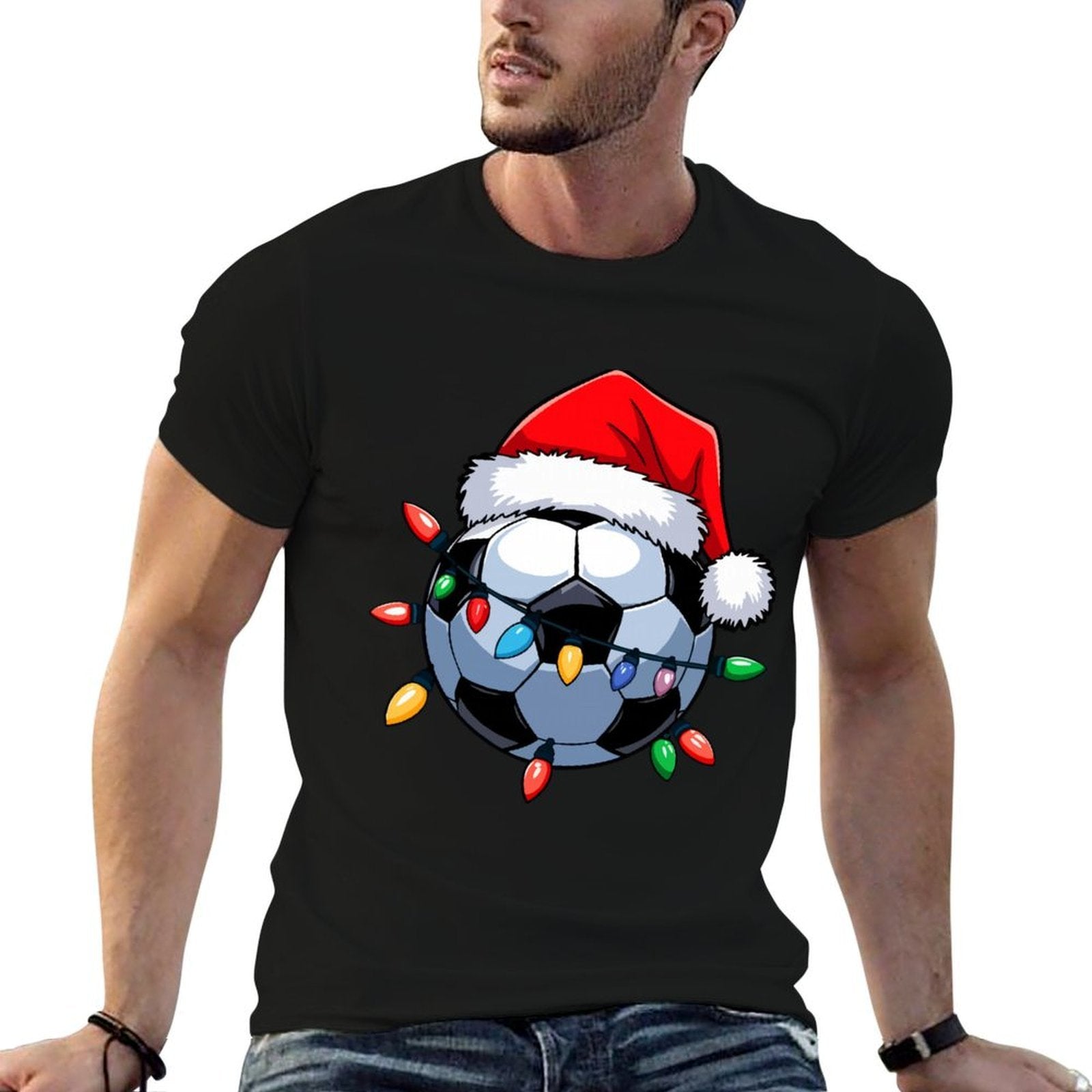 Santa Soccer Ball Christmas Lights Boys Men Soccer Player  Rolled Sleeves T-Shirt