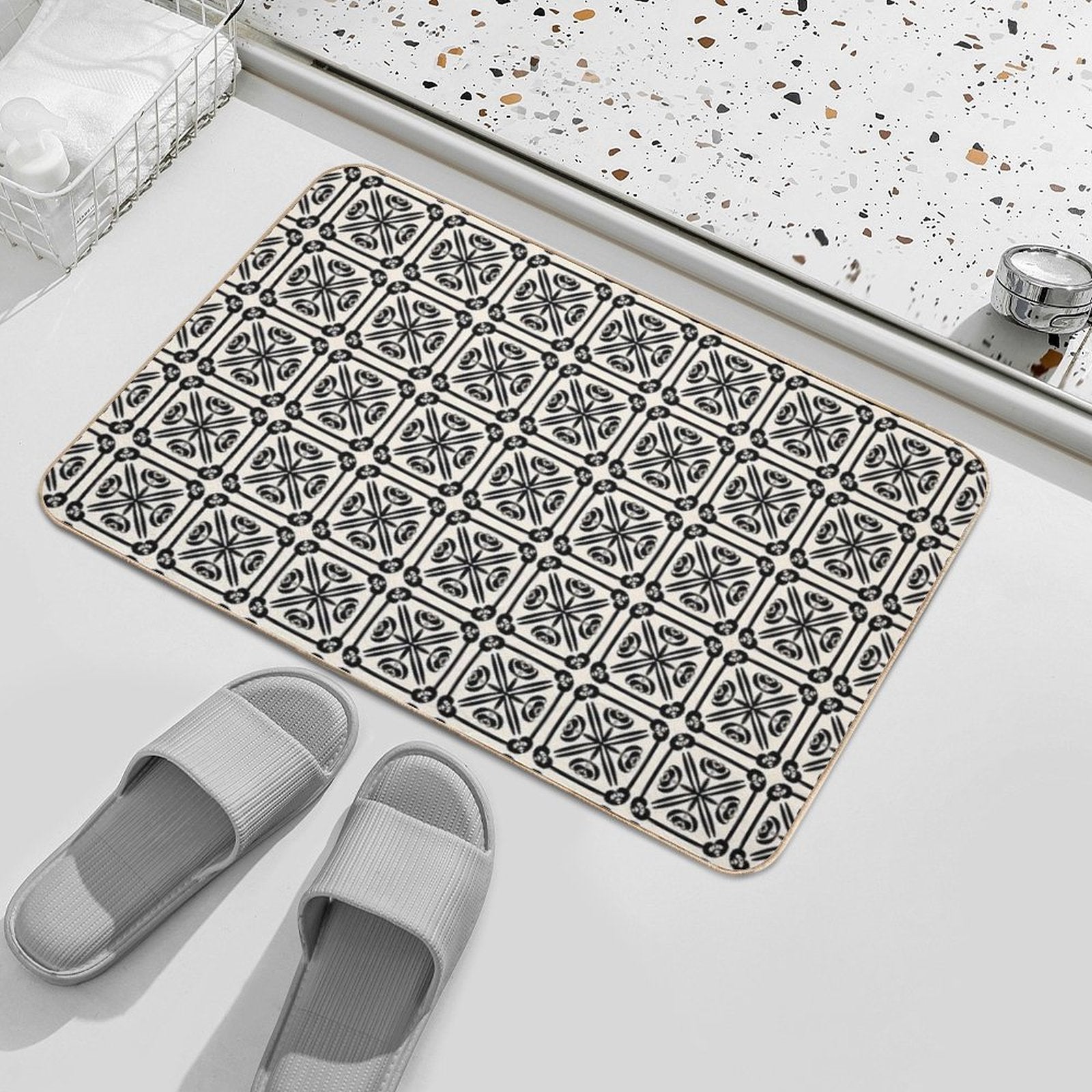 Nouveau Spanish Tile Pattern in Black And Almond Cream  Non-Slip Bath Mat