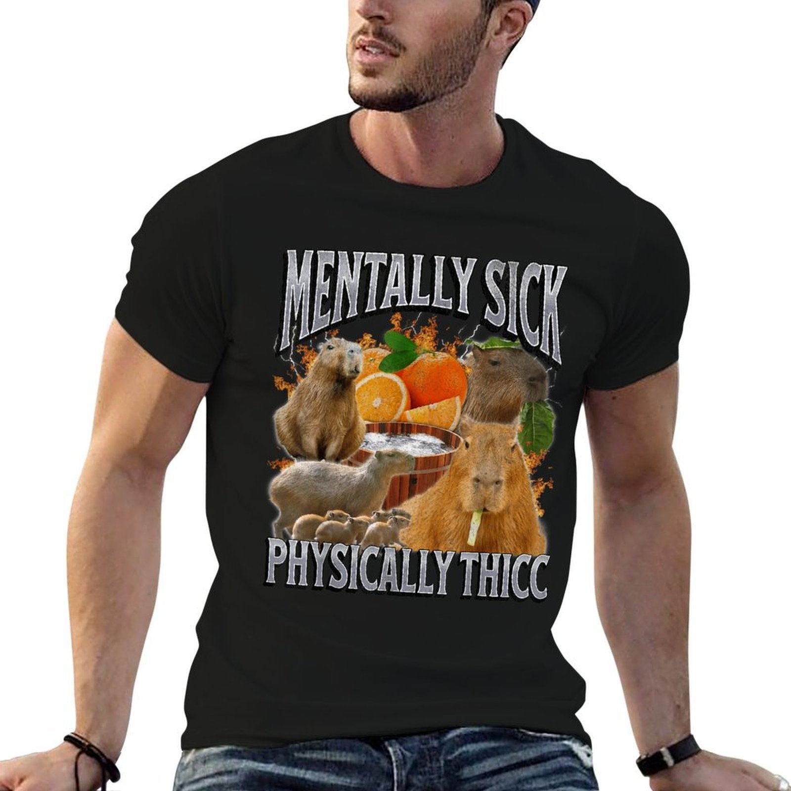 Physically Thicc Funny Capybara Meme Bootleg Y2K Graphic  Fade-proof Color T-Shirt