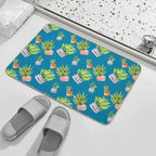 Cactus Succulent Potted Plant Pattern Teal Blue  Dirt-Trapping Bath Mat