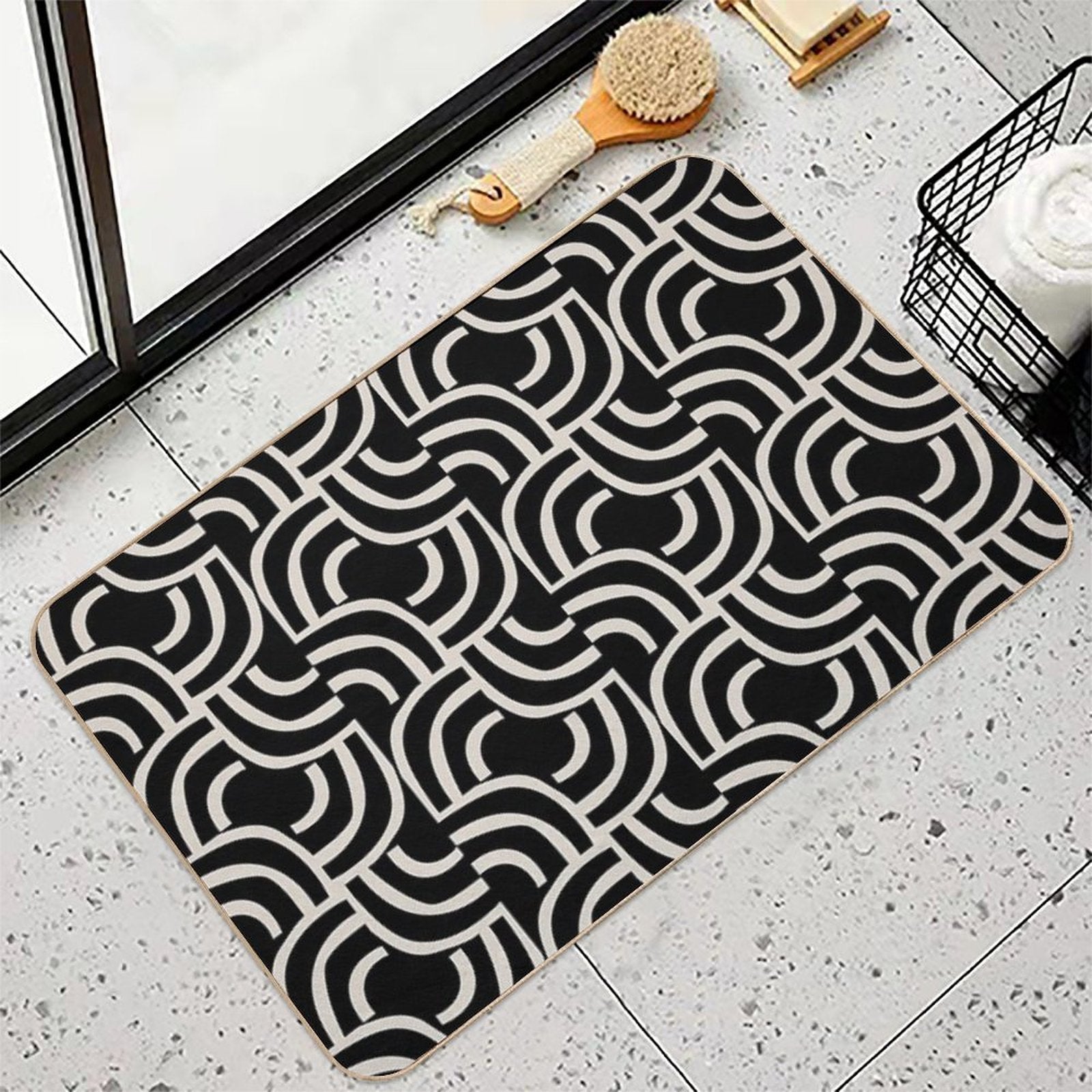 Modernist Abstract Arc Pattern 622 Black And Linen White  Odorless Bath Mat