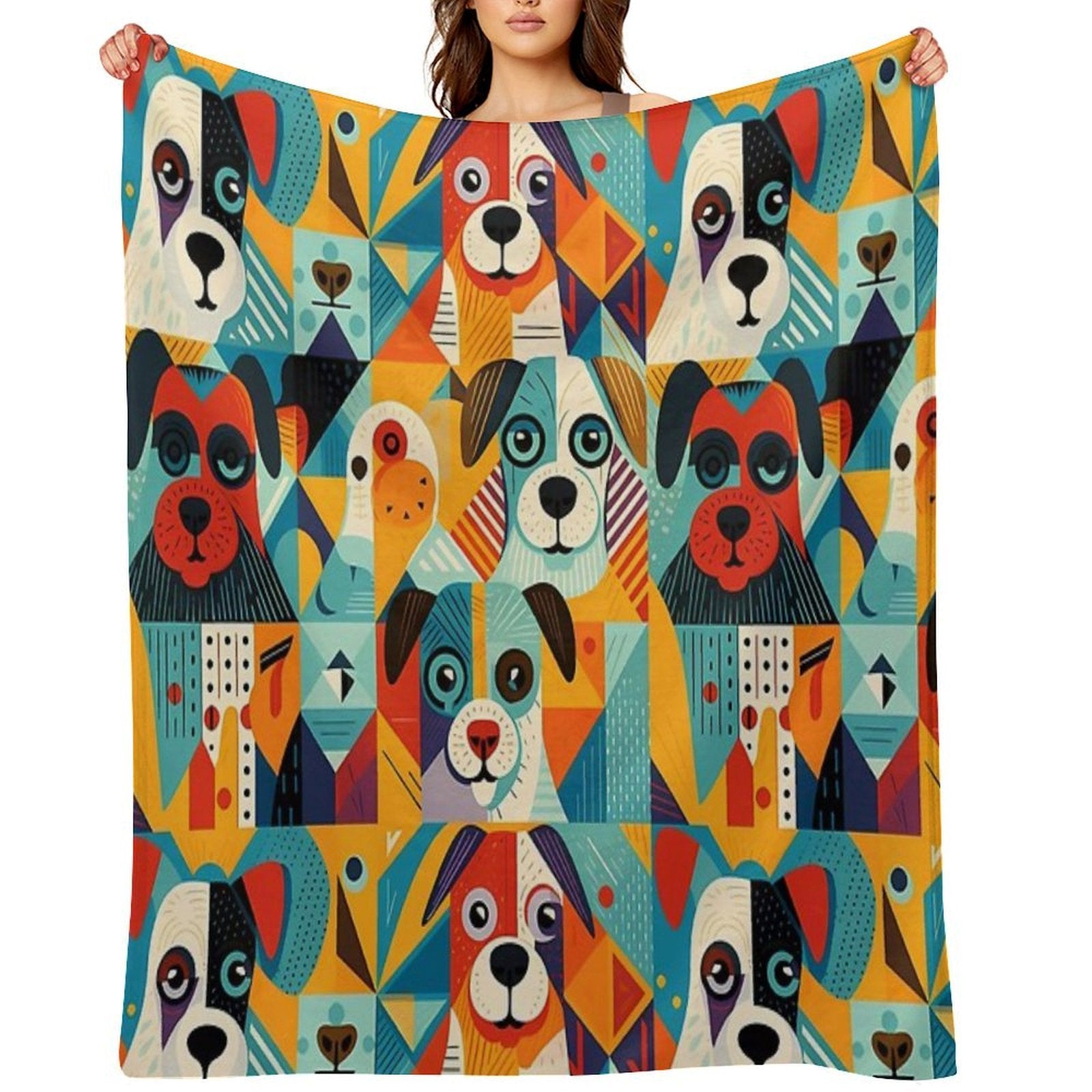 Geometrical Dogs Pattern Lightweight Throw Blanket
