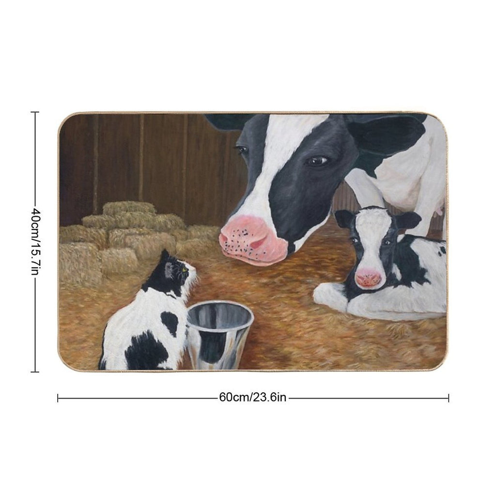 Cat, Cow And Calf. Barn Scene Encounter. Durable Bath Mat