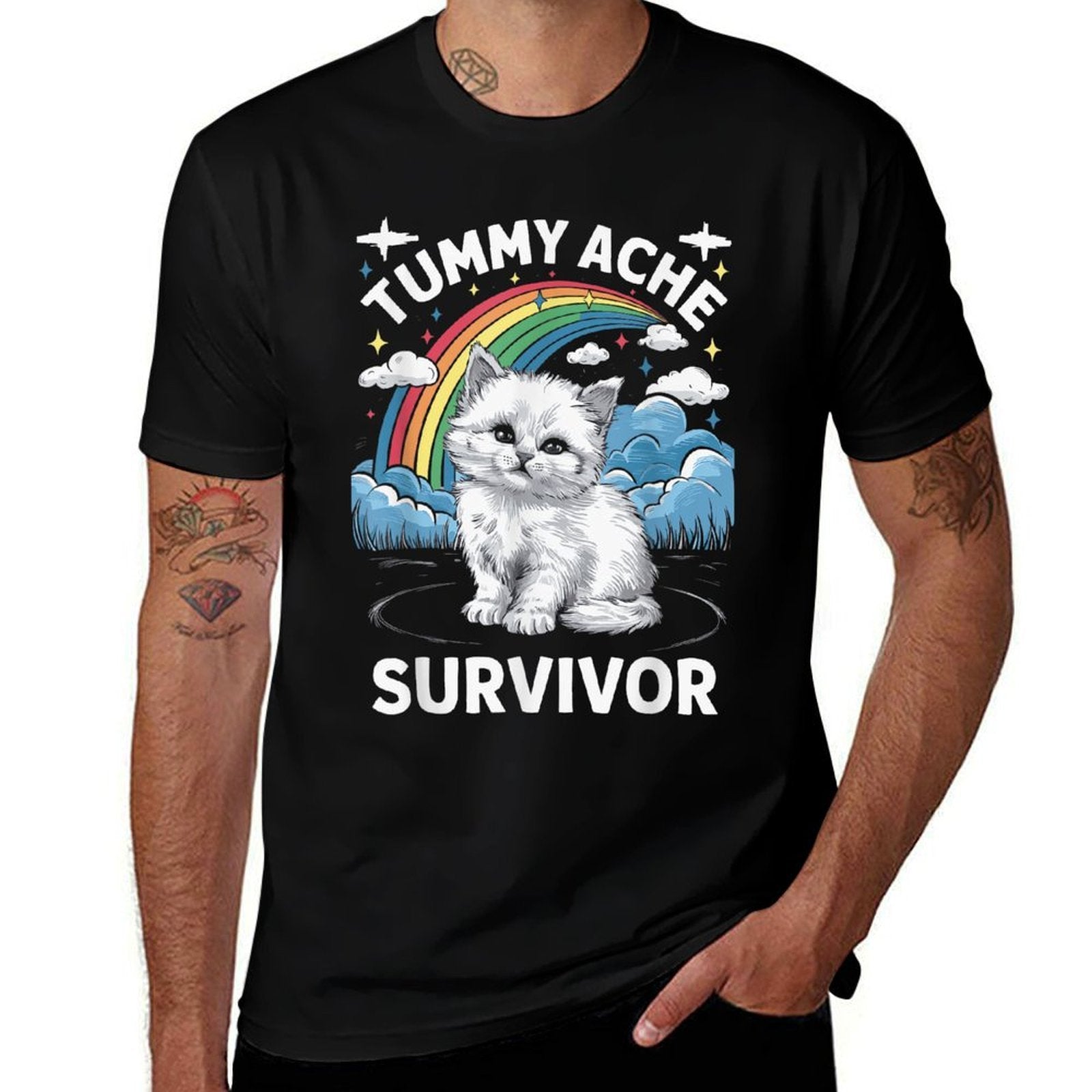 Oddly Specific Meme Stomach Ache Funny Black Tummy Ache Survivor Cat  Vintage-inspired T-Shirt