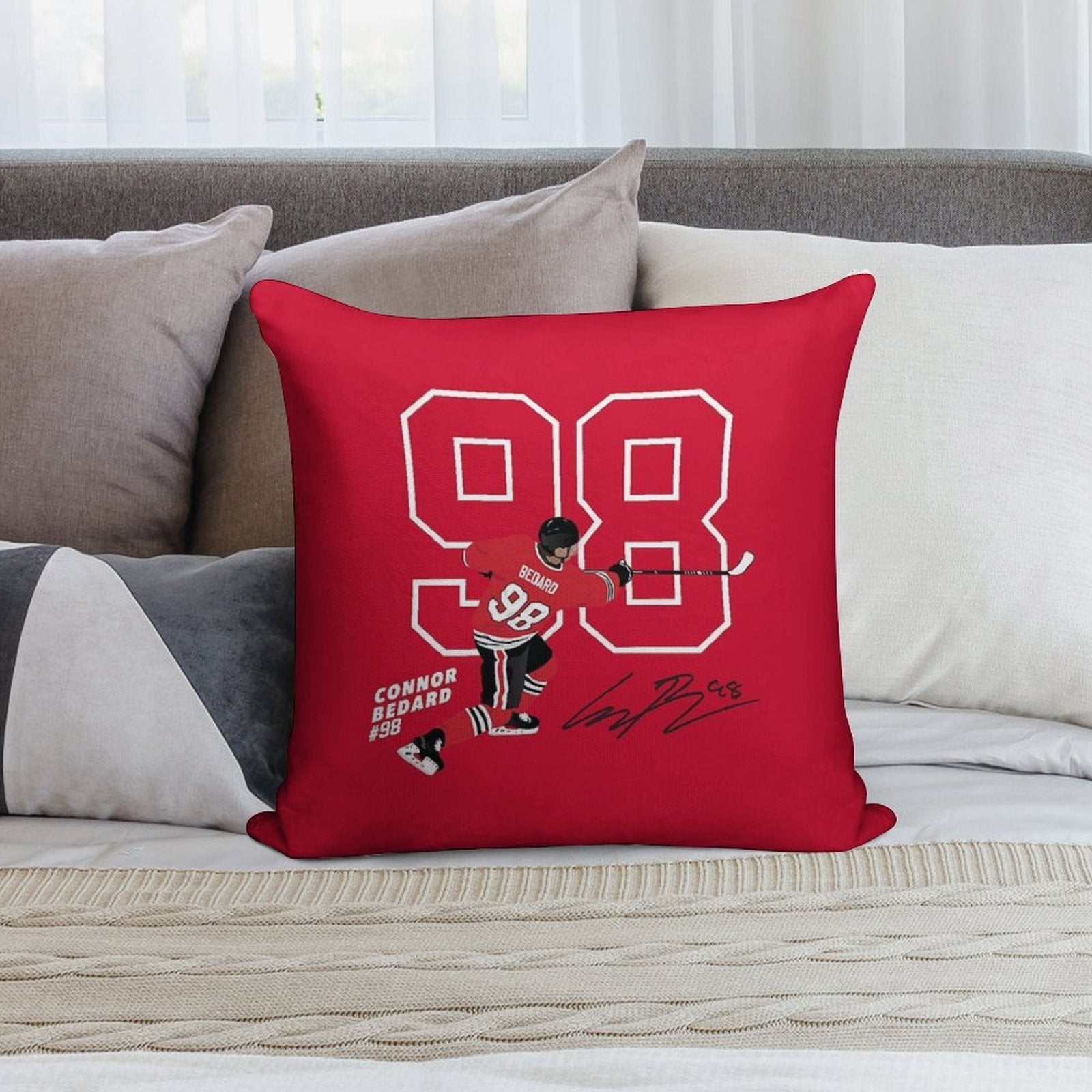 Connor Bedard Blackhawks #98 Signature Art Soft Washable Throw Pillow