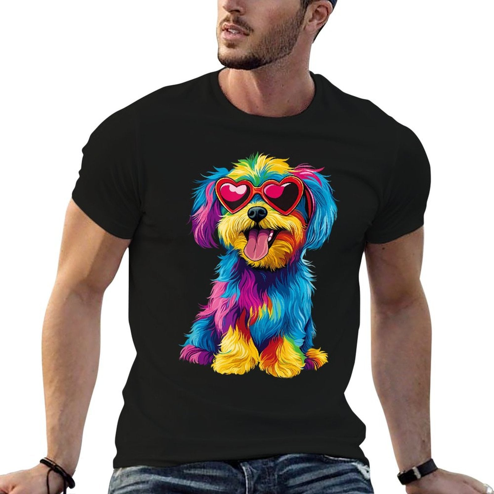 Rainbow Cute Dog Wearing Glasses Heart Puppy Love Dog Funny for Men Women Kids  Wrinkle-resistant T-Shirt