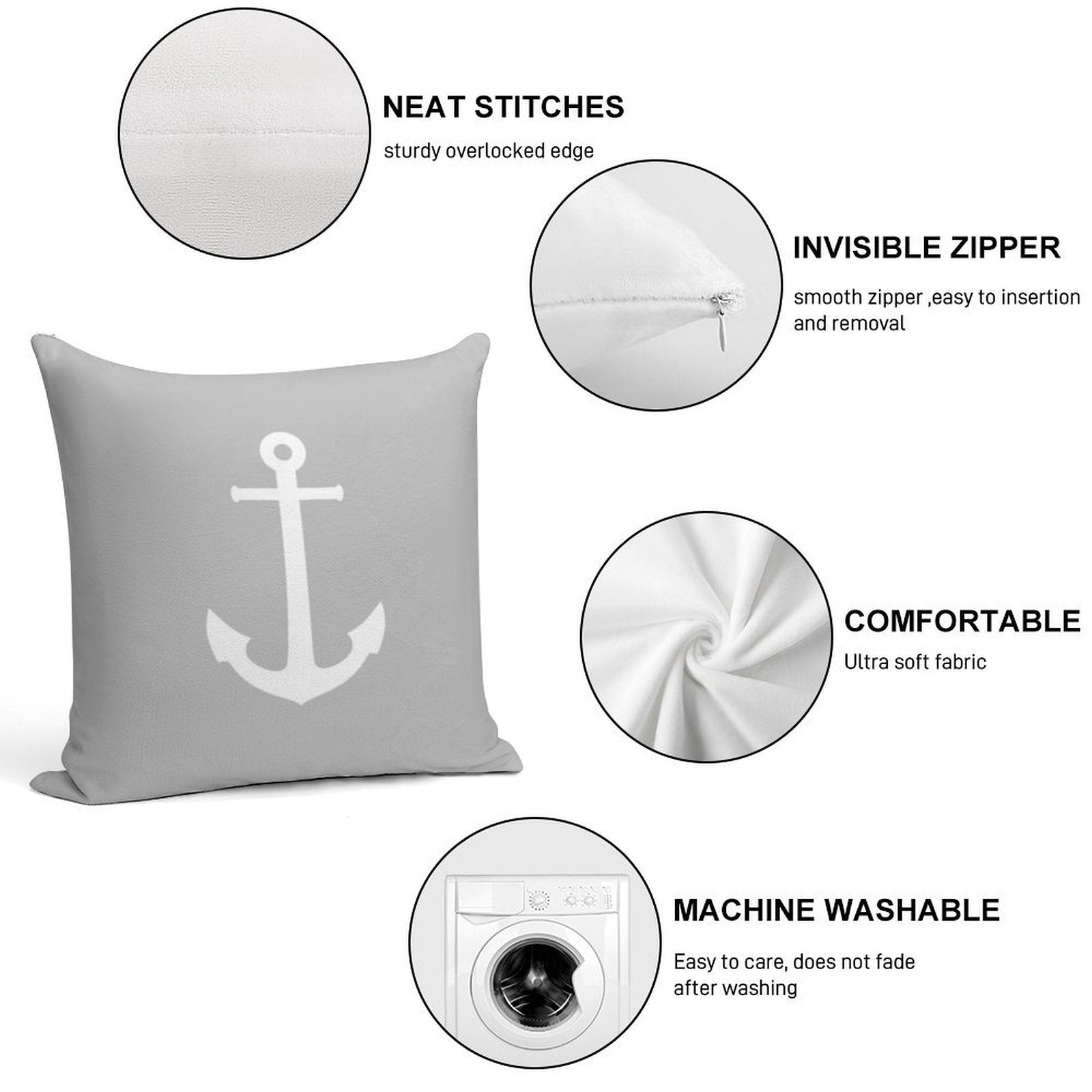 White Anchor On Silver Gray Soft Hidden Zipper Throw Pillow