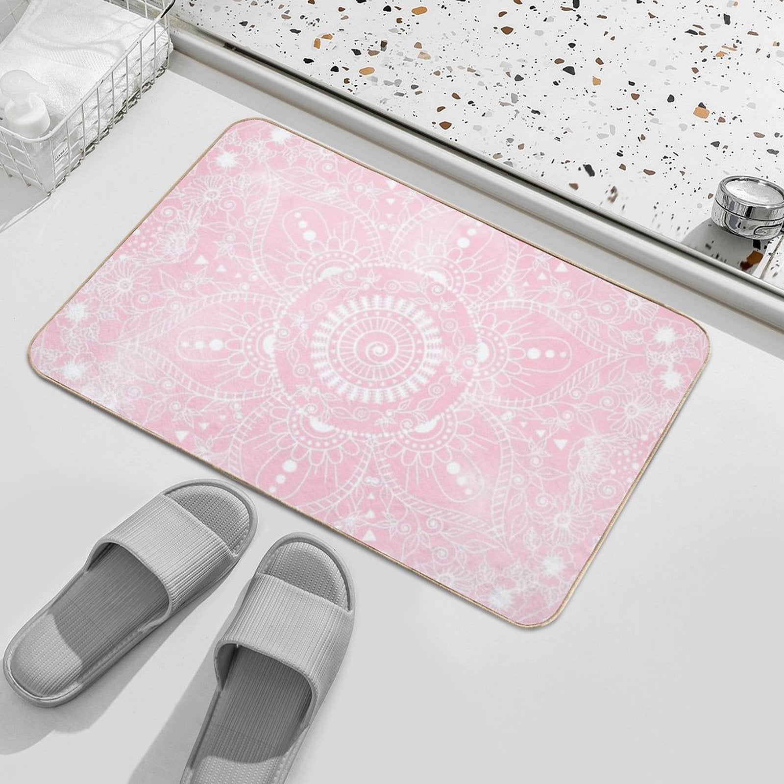Watercolor White Mandala Flower Pink Design  Absorbent Bath Mat