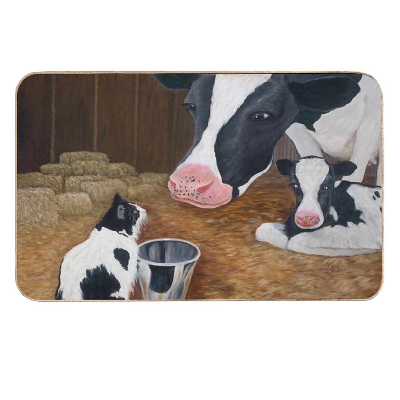 Cat, Cow And Calf. Barn Scene Encounter. Durable Bath Mat