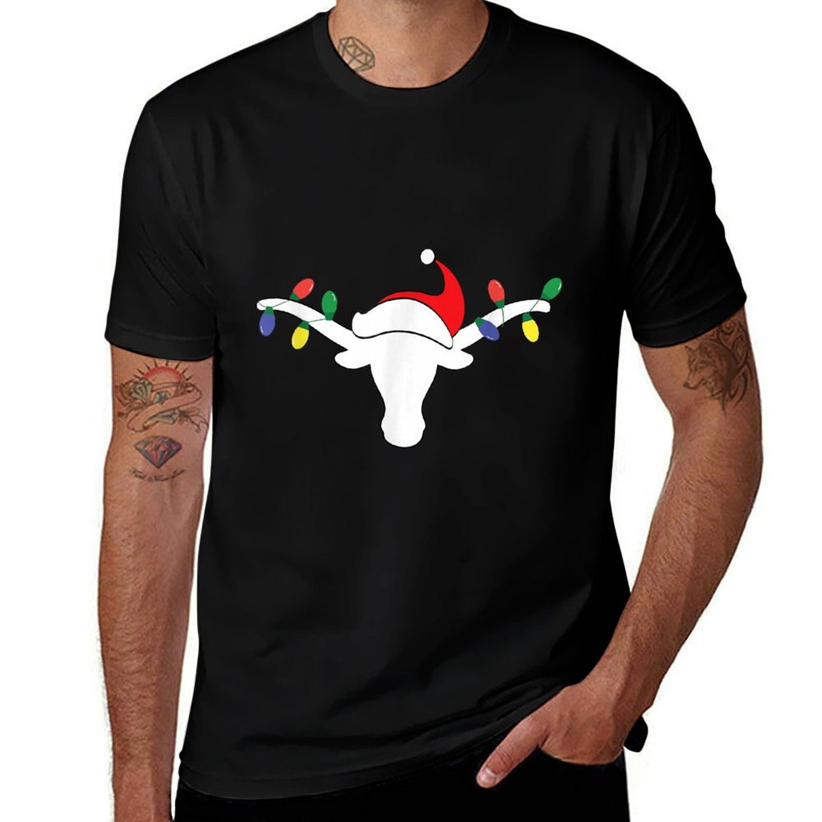White Longhorn Christmas Lights Santa Hat Horn Antlers  Vintage-inspired T-Shirt