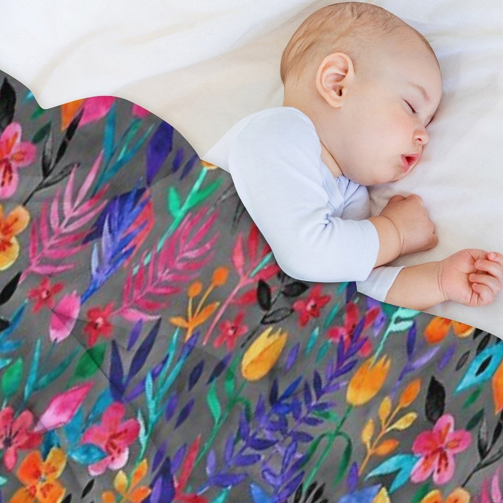 Popping Color Painted Floral on Grey Lightweight Throw Blanket