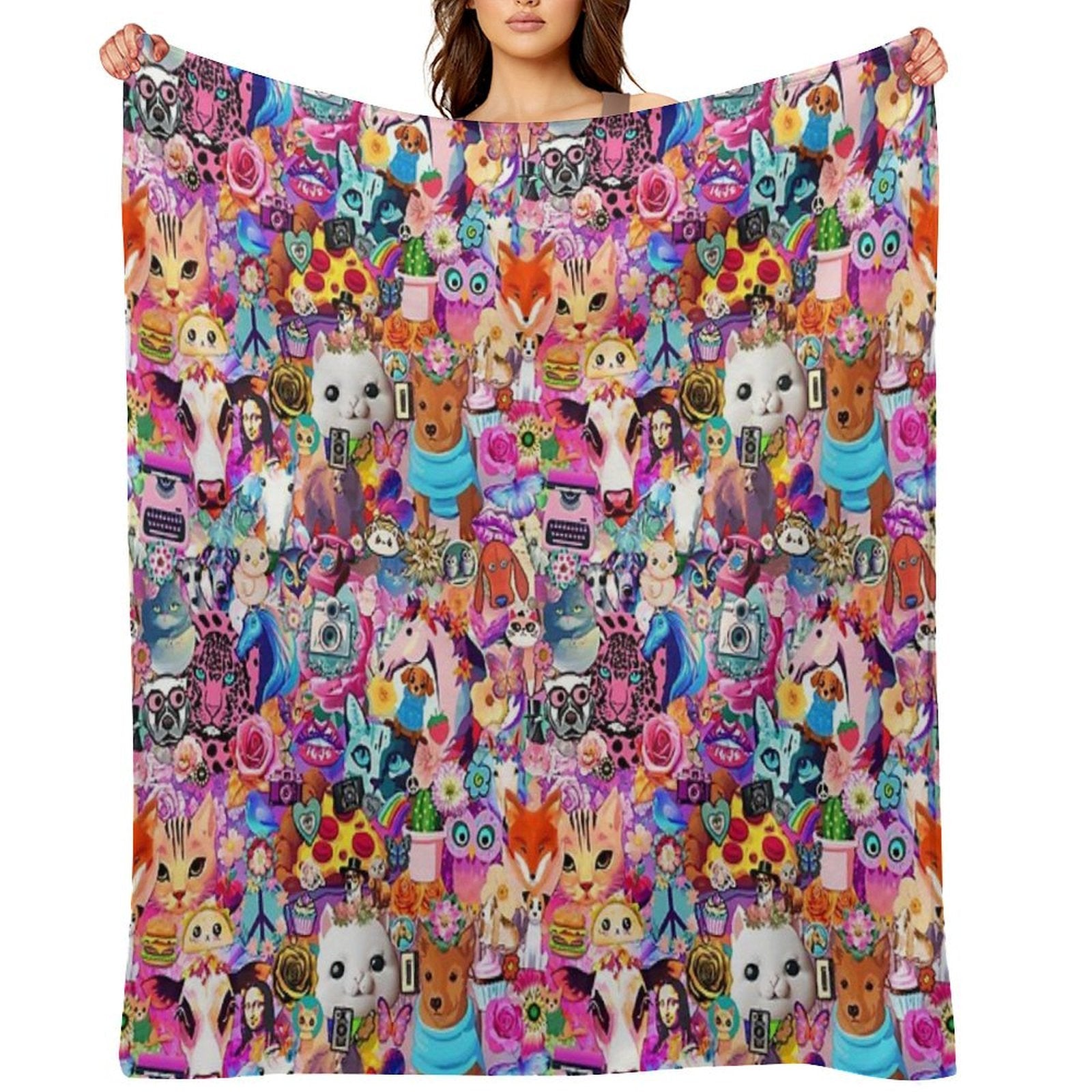Bright Kitschy Stickerbomb Durable Throw Blanket