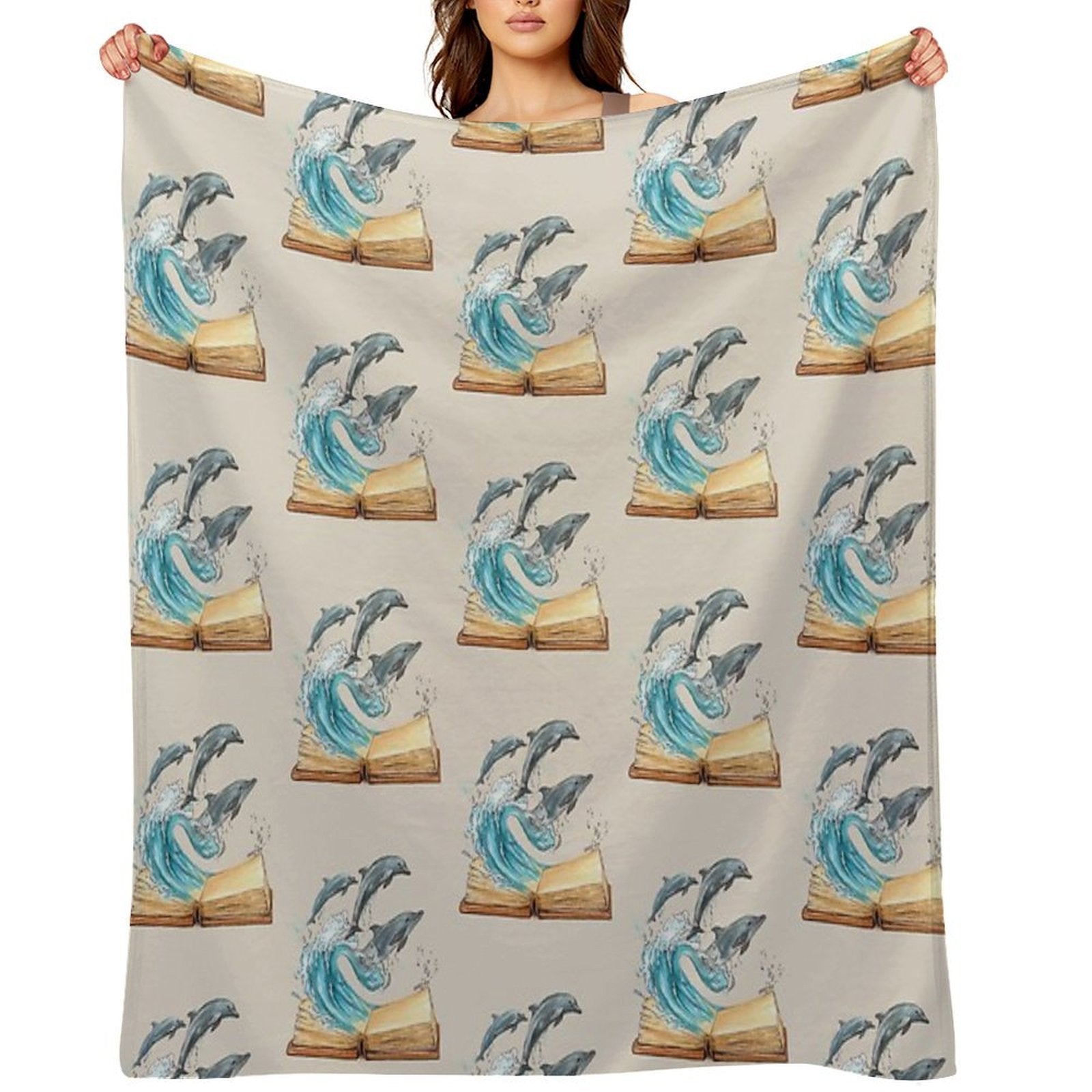 Dolphins Jumping from Old Book Watercolor Illustration Eco-conscious Throw Blanket