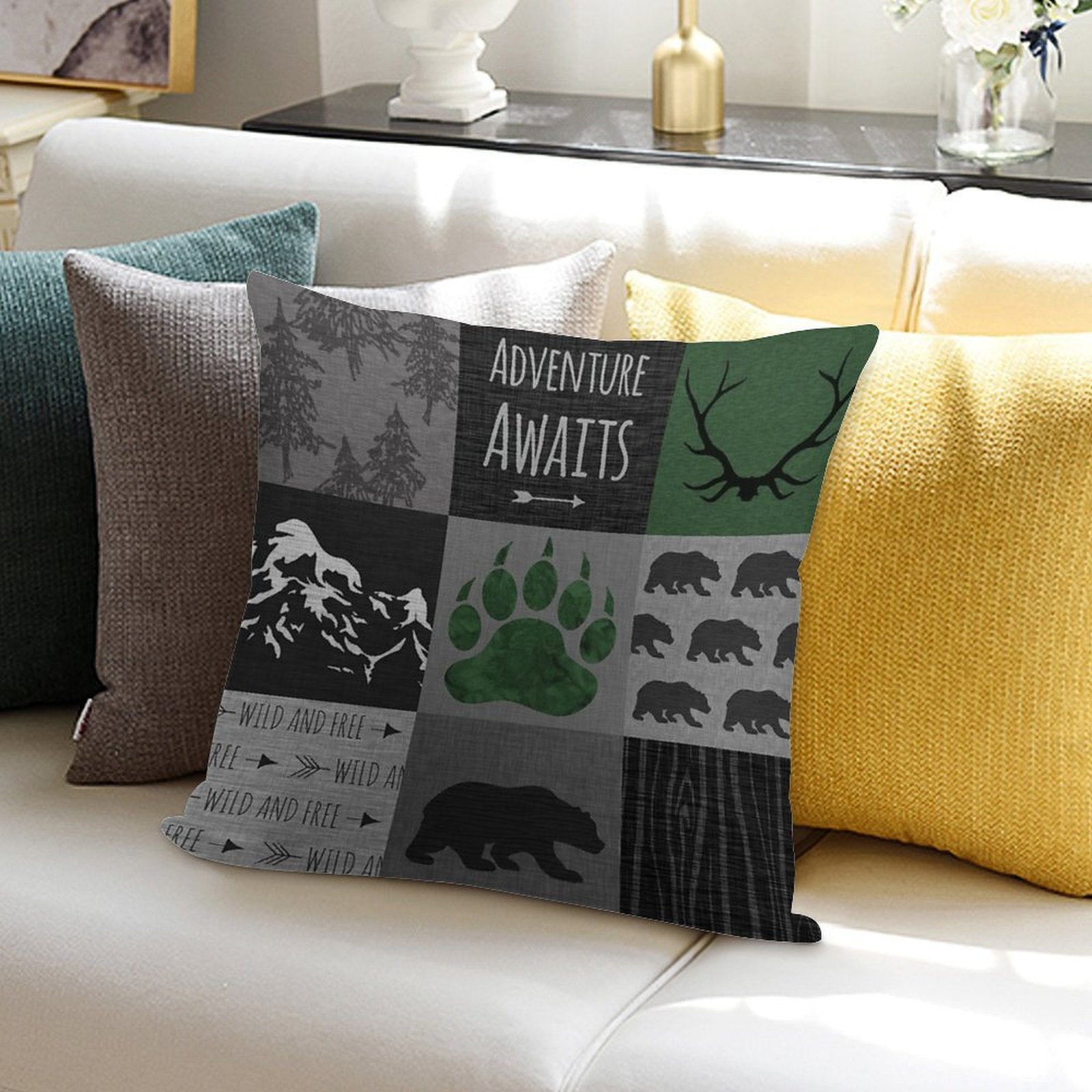 Adventure Awaits Bears - GreenBlack Soft Fade-Resistant Throw Pillow