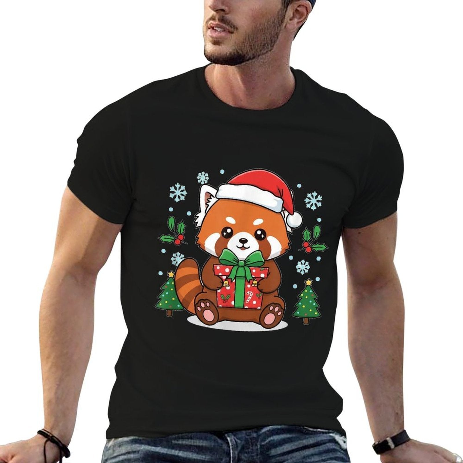 Kawaii Red Panda with Santa Hat - Christmas Celebration  Rolled Sleeves T-Shirt