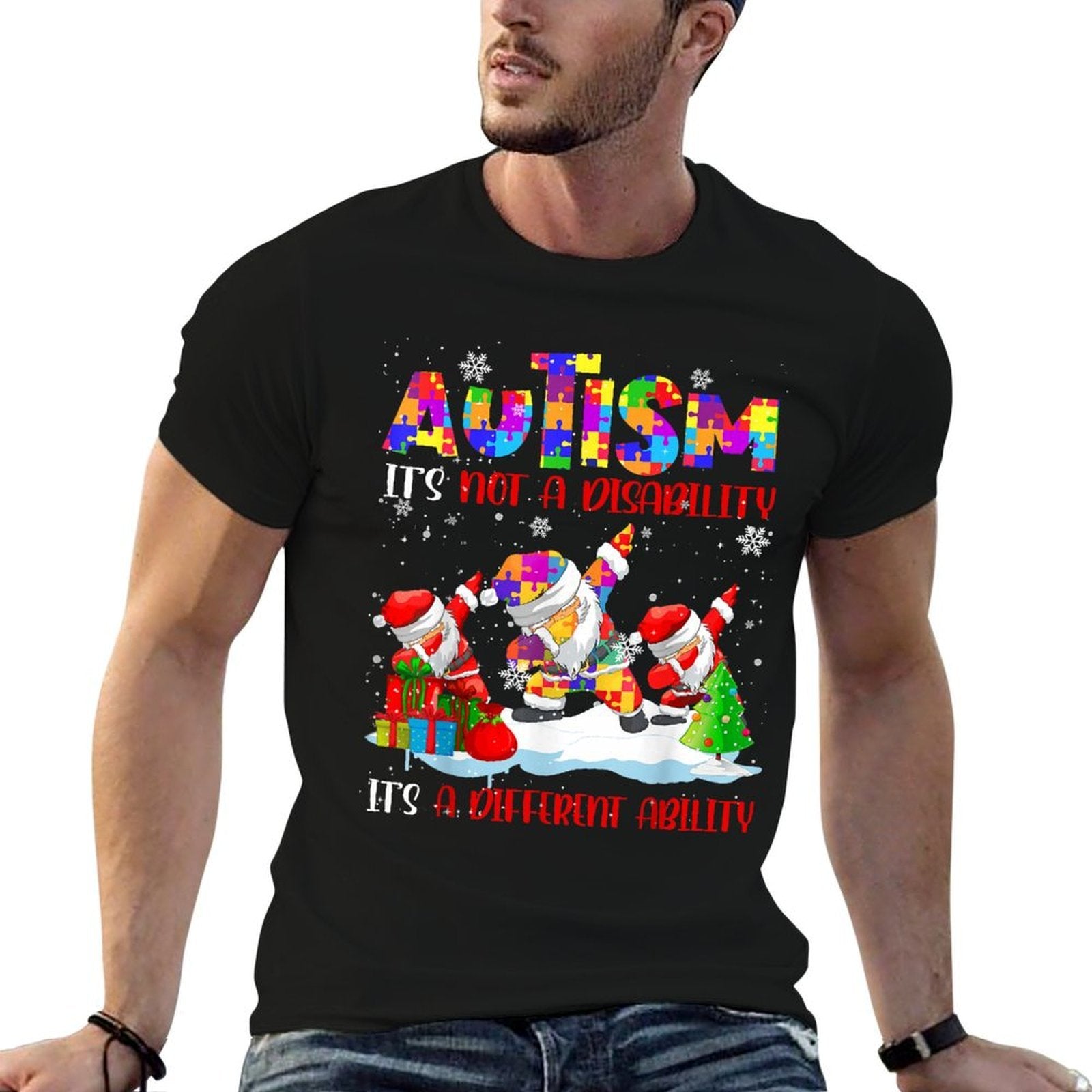 Autism Its Not A Disability Dabbing Santa Christmas Autism  Trendy Pattern T-Shirt