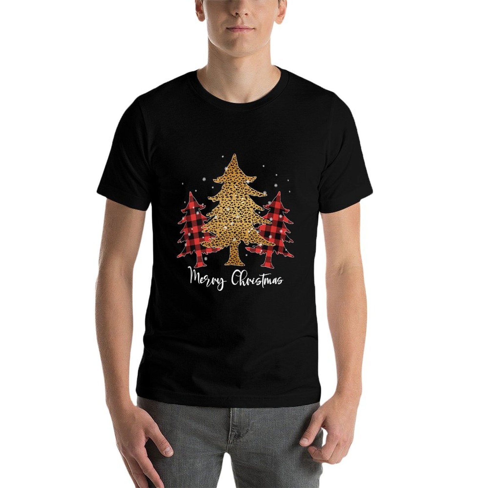 Merry Christmas for Women Leopard Plaid Tree  Stretchy T-Shirt