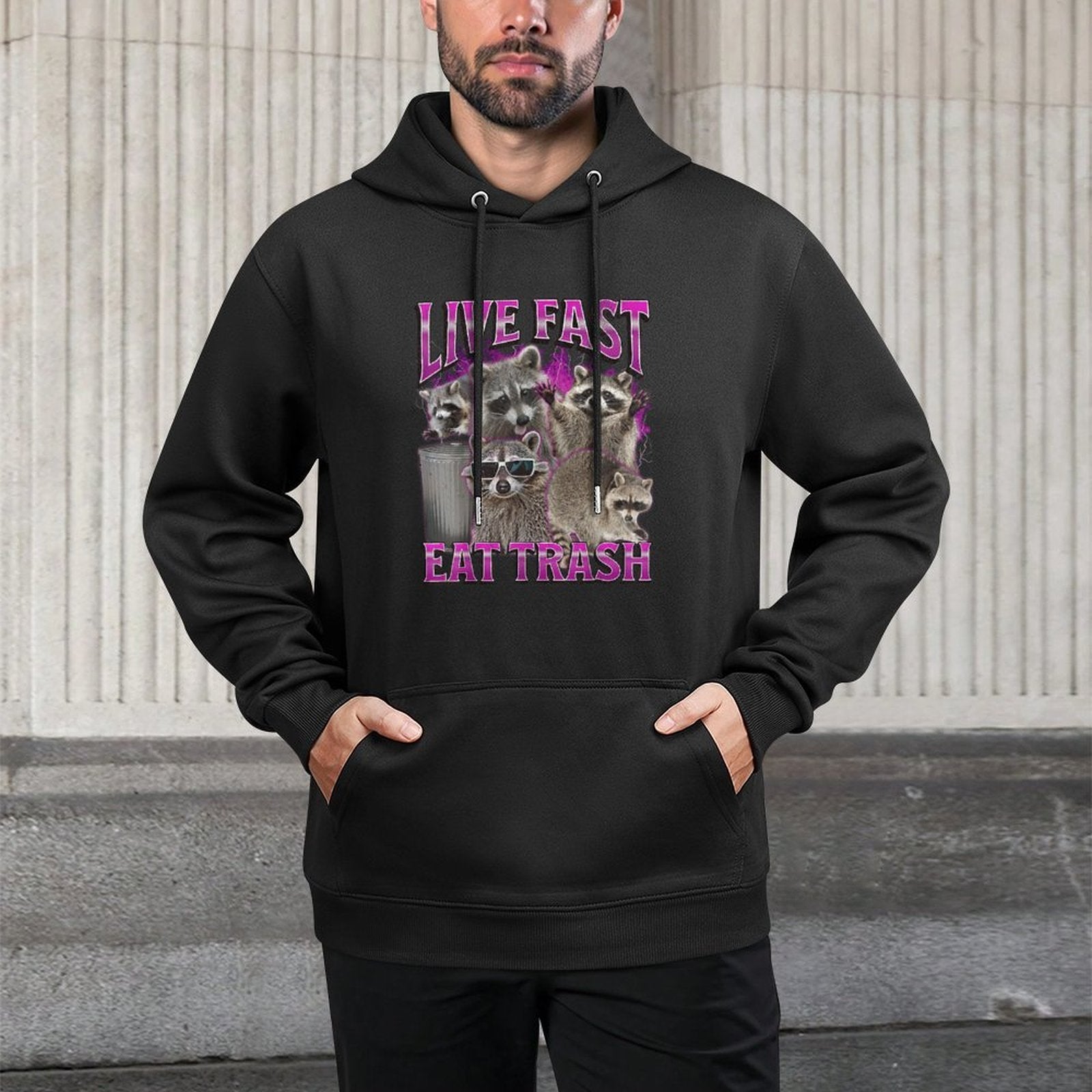 Live Fast Eat Trash Funny Raccoon Meme Bootleg Graphic 90s Medium-Weight Fabric Hoodie
