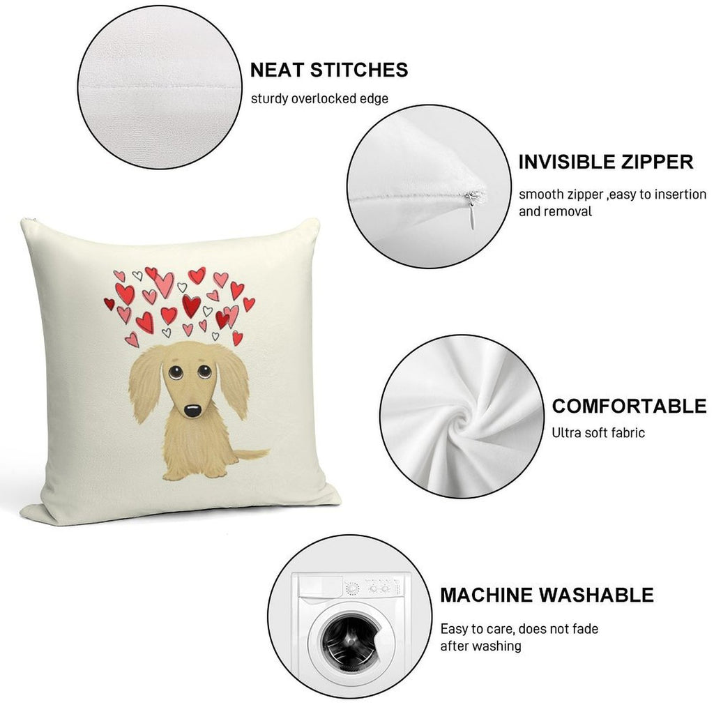 Longhaired Cream Dachshund with Hearts Soft Durable Construction Throw Pillow