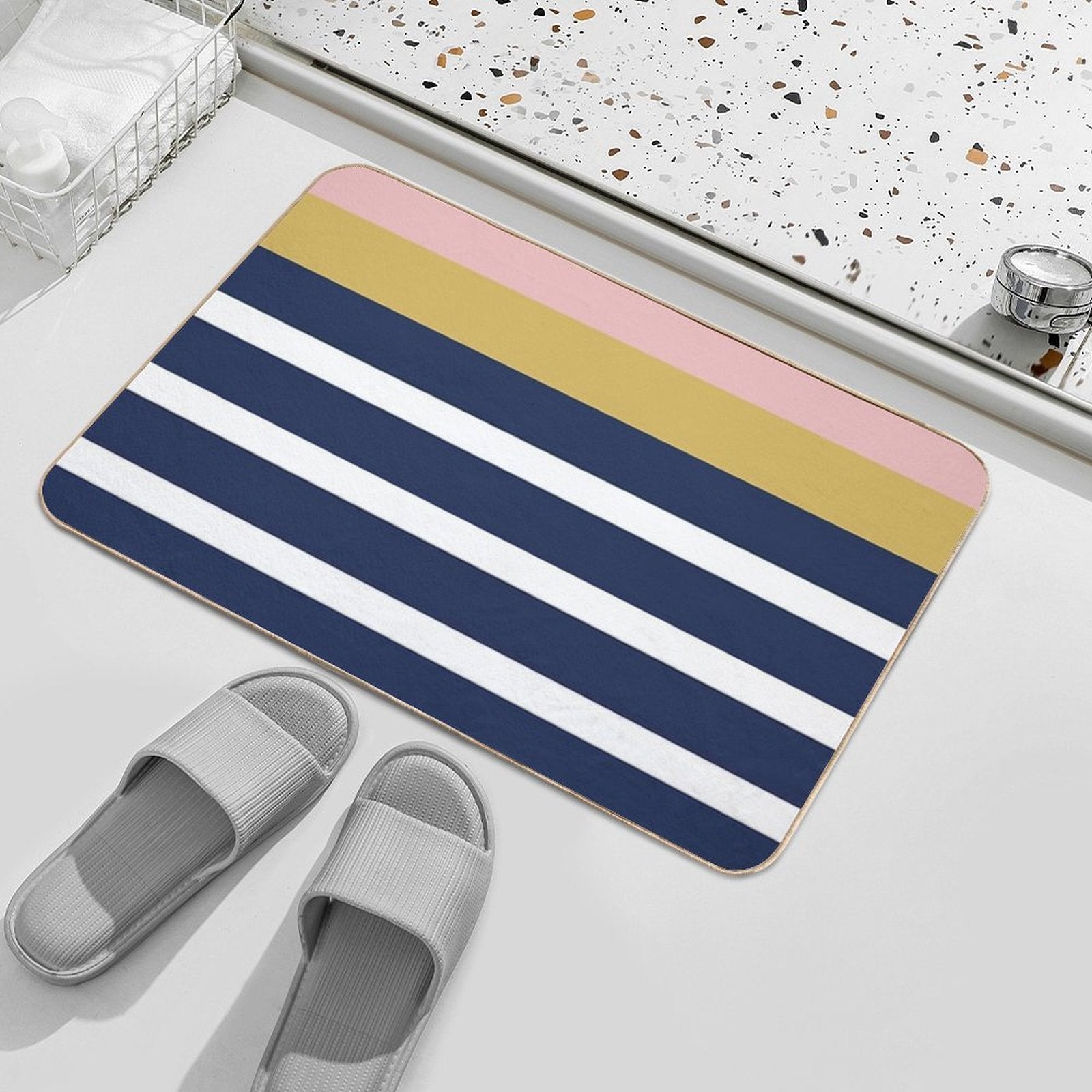 Mixed Stripe Pattern in Navy Blue, Blush Pink, Mustard Yellow, And White  Absorbent Bath Mat