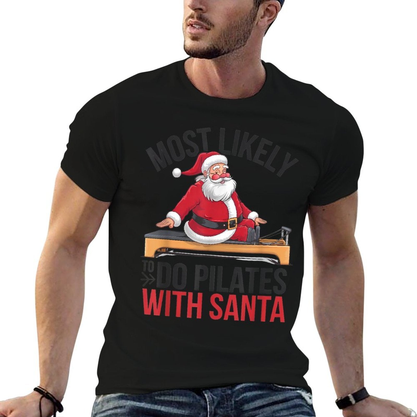 Pilates Most Likely To Do With Santa Funny Merry Christmas  Oversized Silhouette T-Shirt