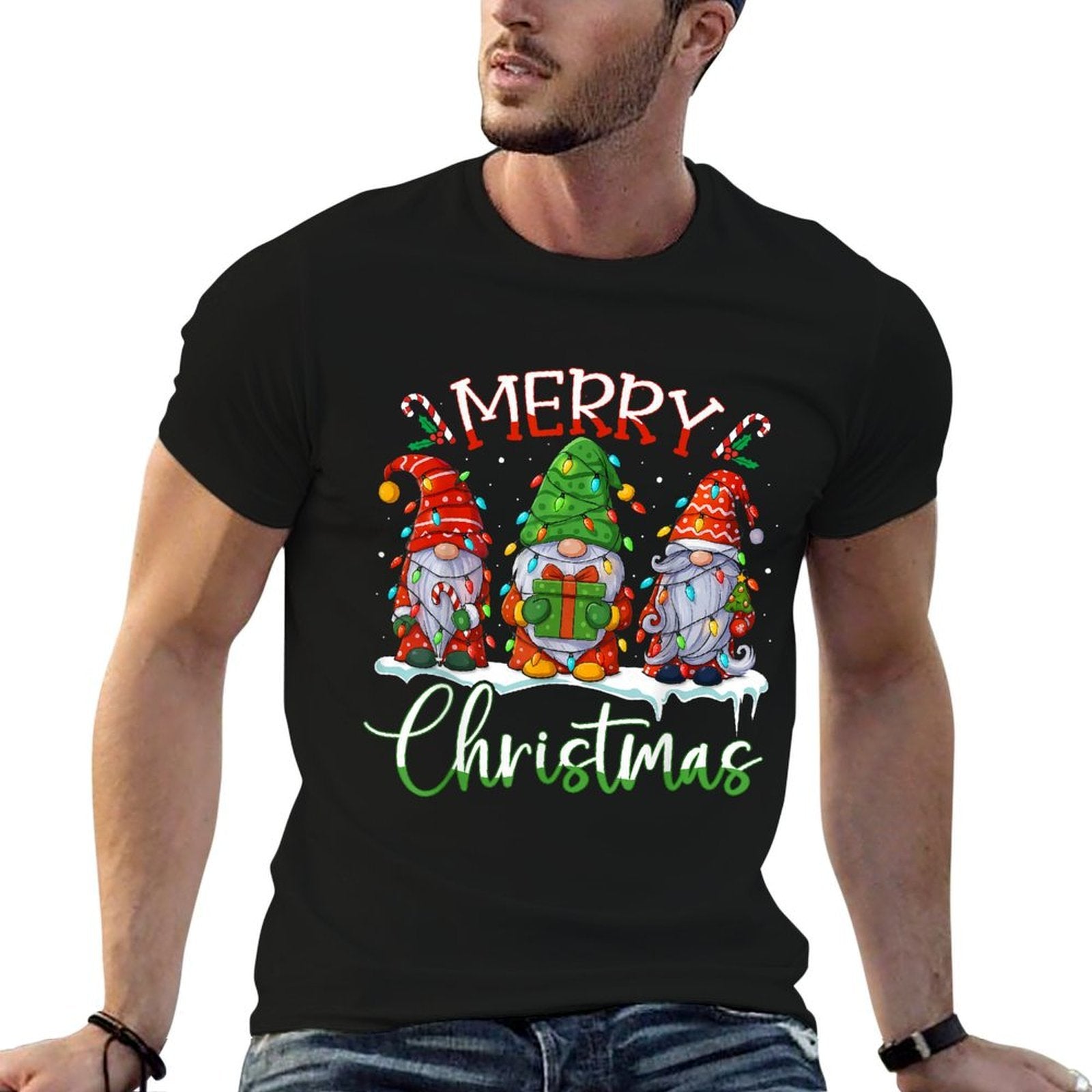 Cute Gnomes Merry Christmas Light Family Gnome Xmas Matching  Fade-proof Color T-Shirt
