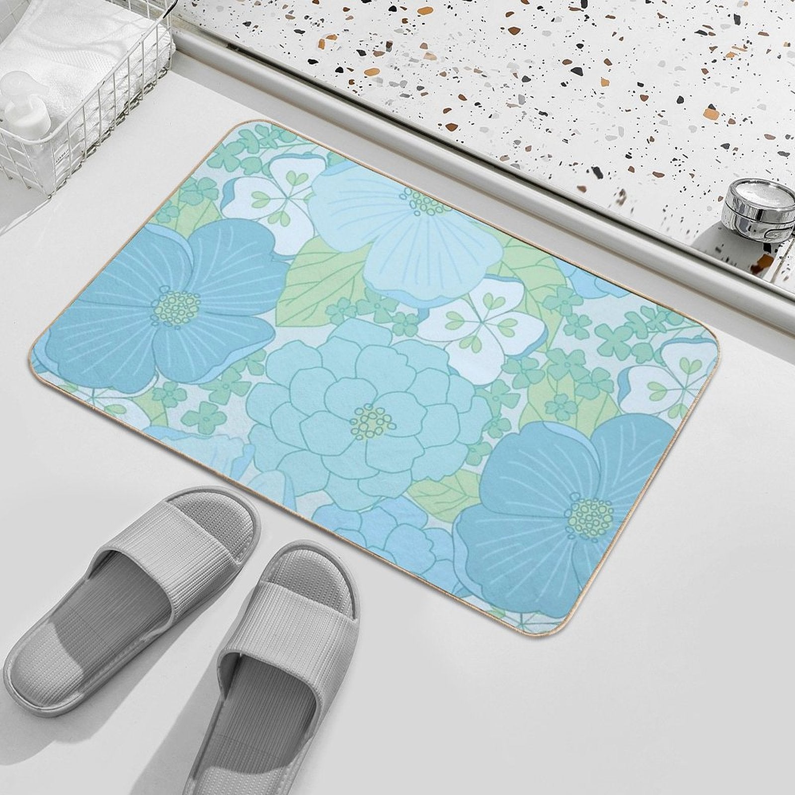 Light Blue Pastel Vintage Floral Pattern  Easy Maintenance Bath Mat