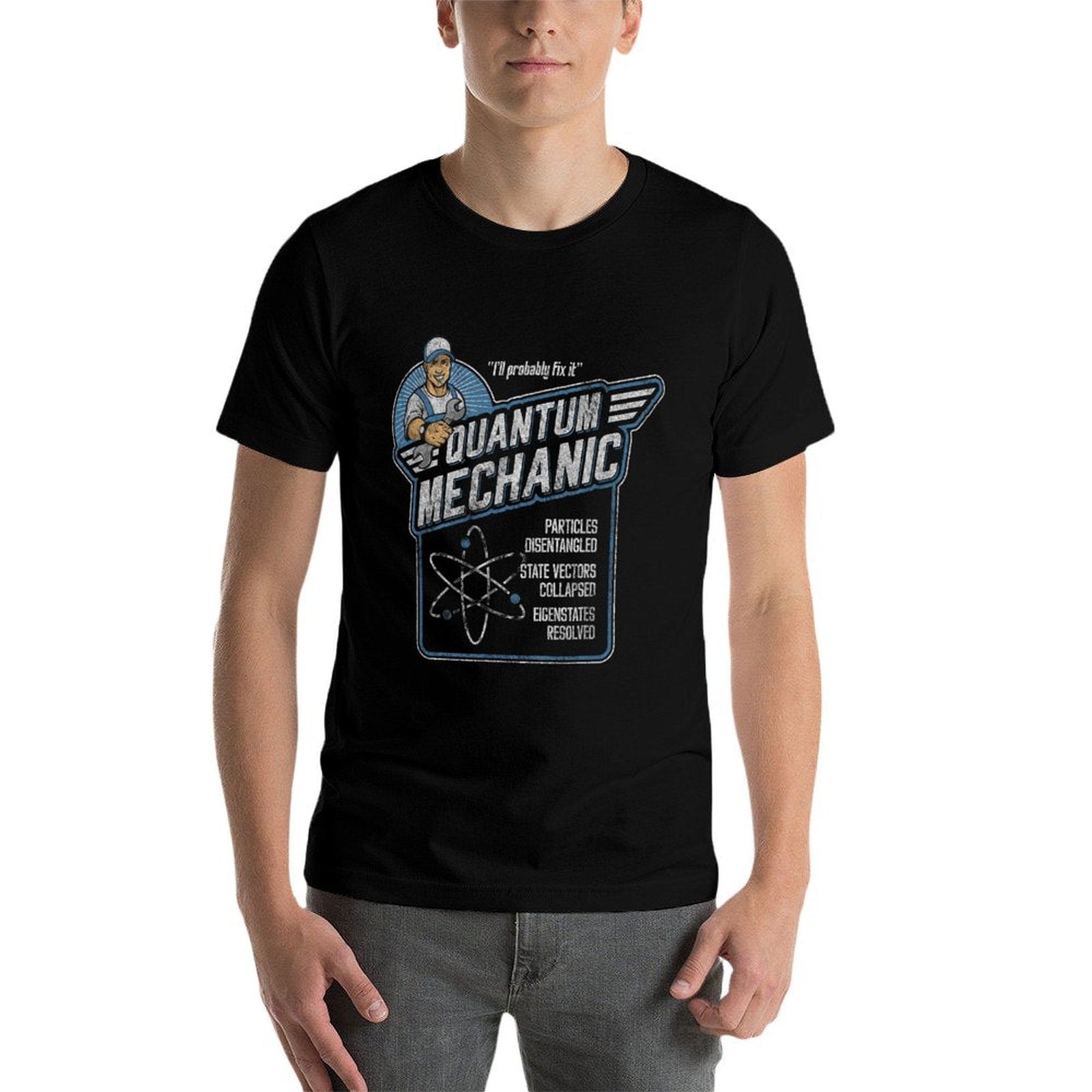 Quantum Mechanics, Funny Subatomic Physics Pun, Science  Polyester Blend T-Shirt